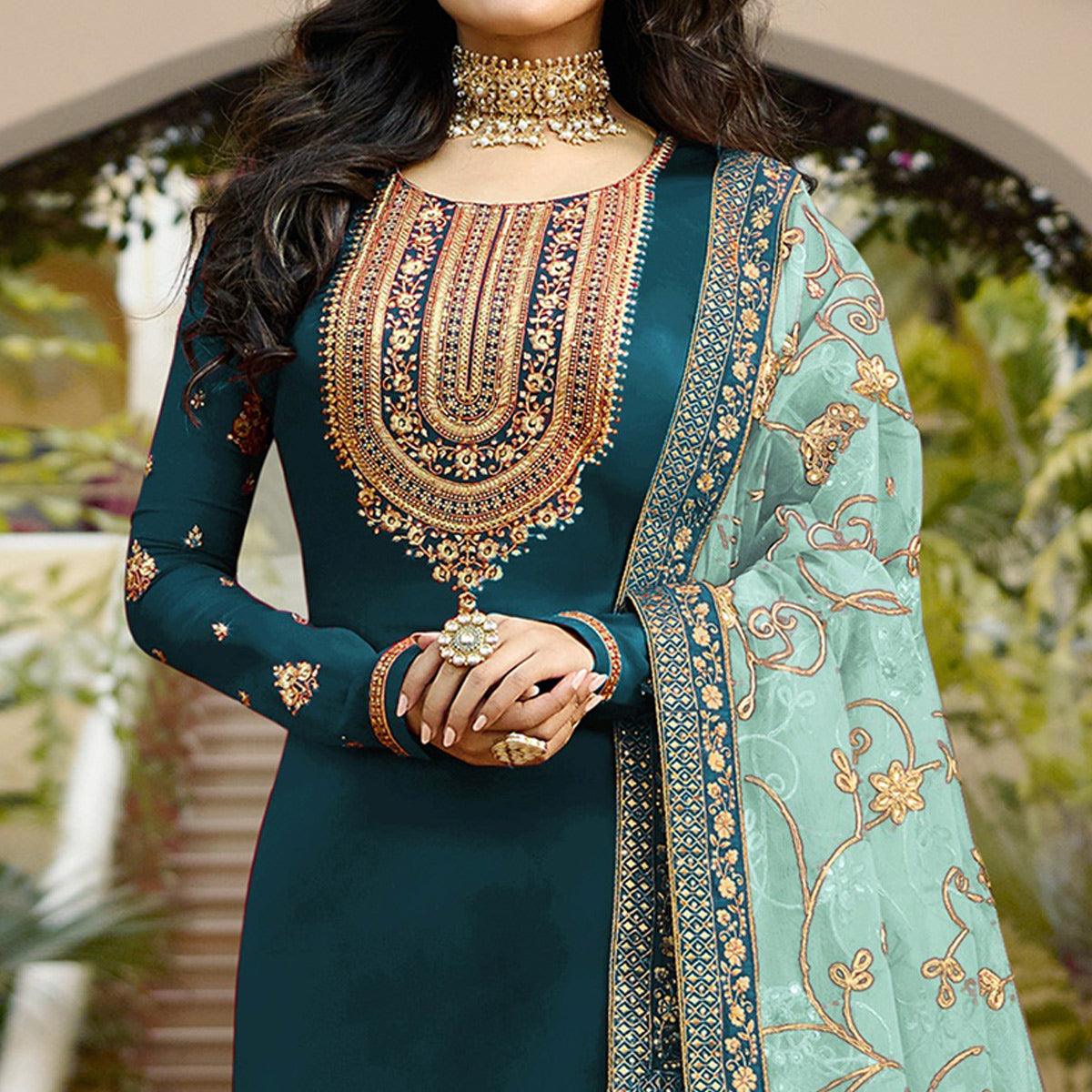 Teal Blue Embroidered Georgette Partywear Suit - Peachmode