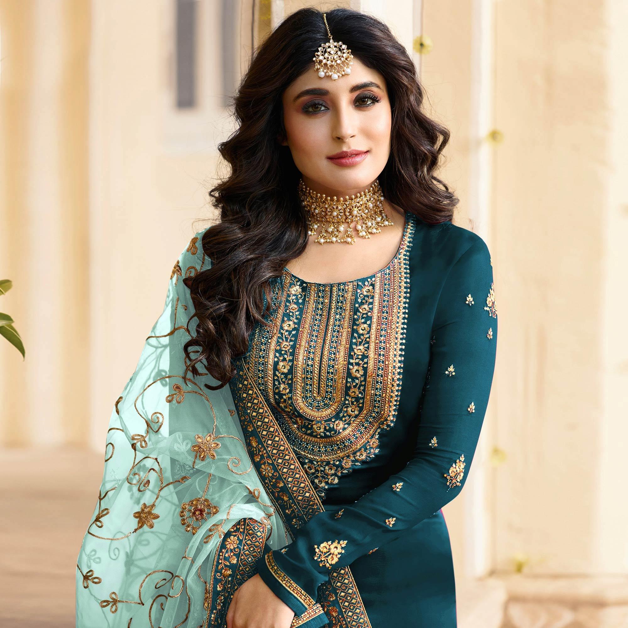 Teal Blue Embroidered Georgette Partywear Suit - Peachmode