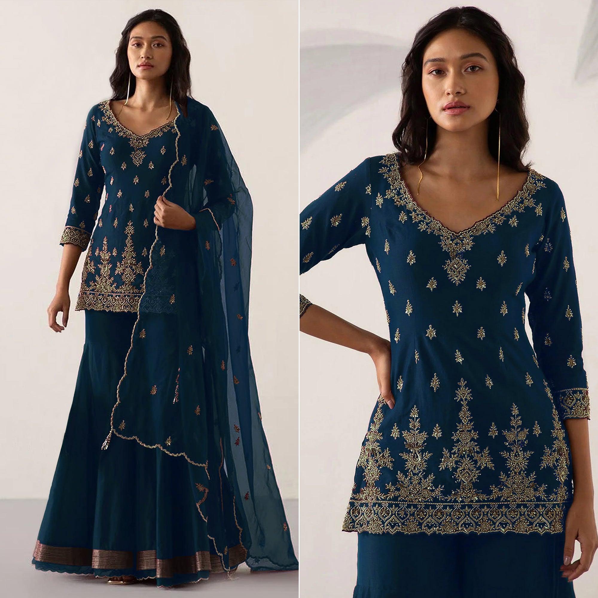 Teal Blue Embroidered Georgette Sharara Suit - Peachmode