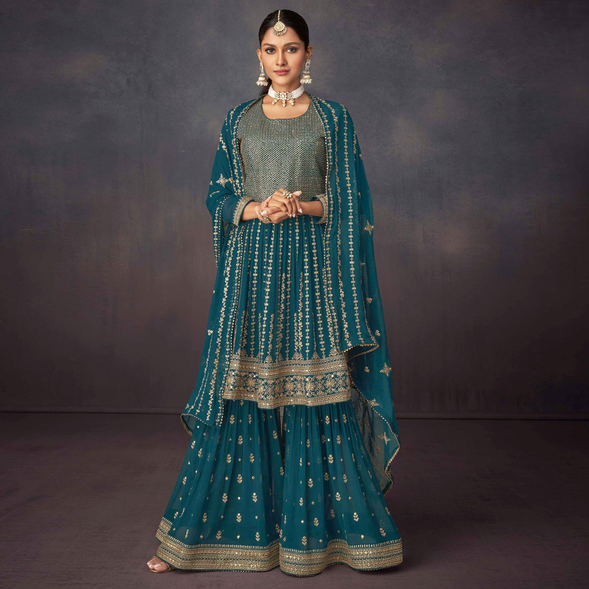Teal Blue Embroidered Georgette Sharara Suit - Peachmode