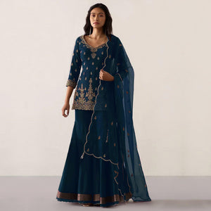 Teal Blue Embroidered Georgette Sharara Suit - Peachmode