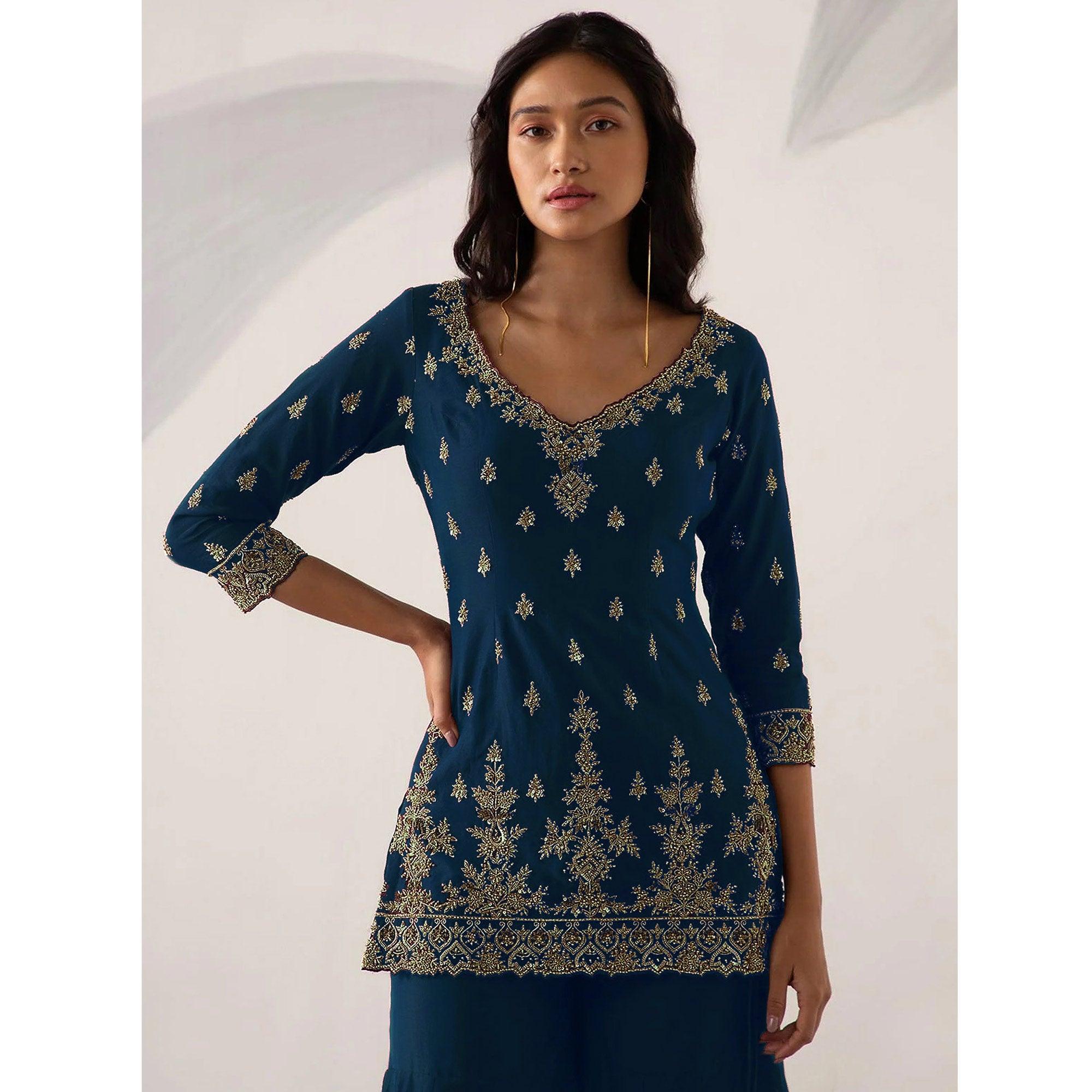 Teal Blue Embroidered Georgette Sharara Suit - Peachmode