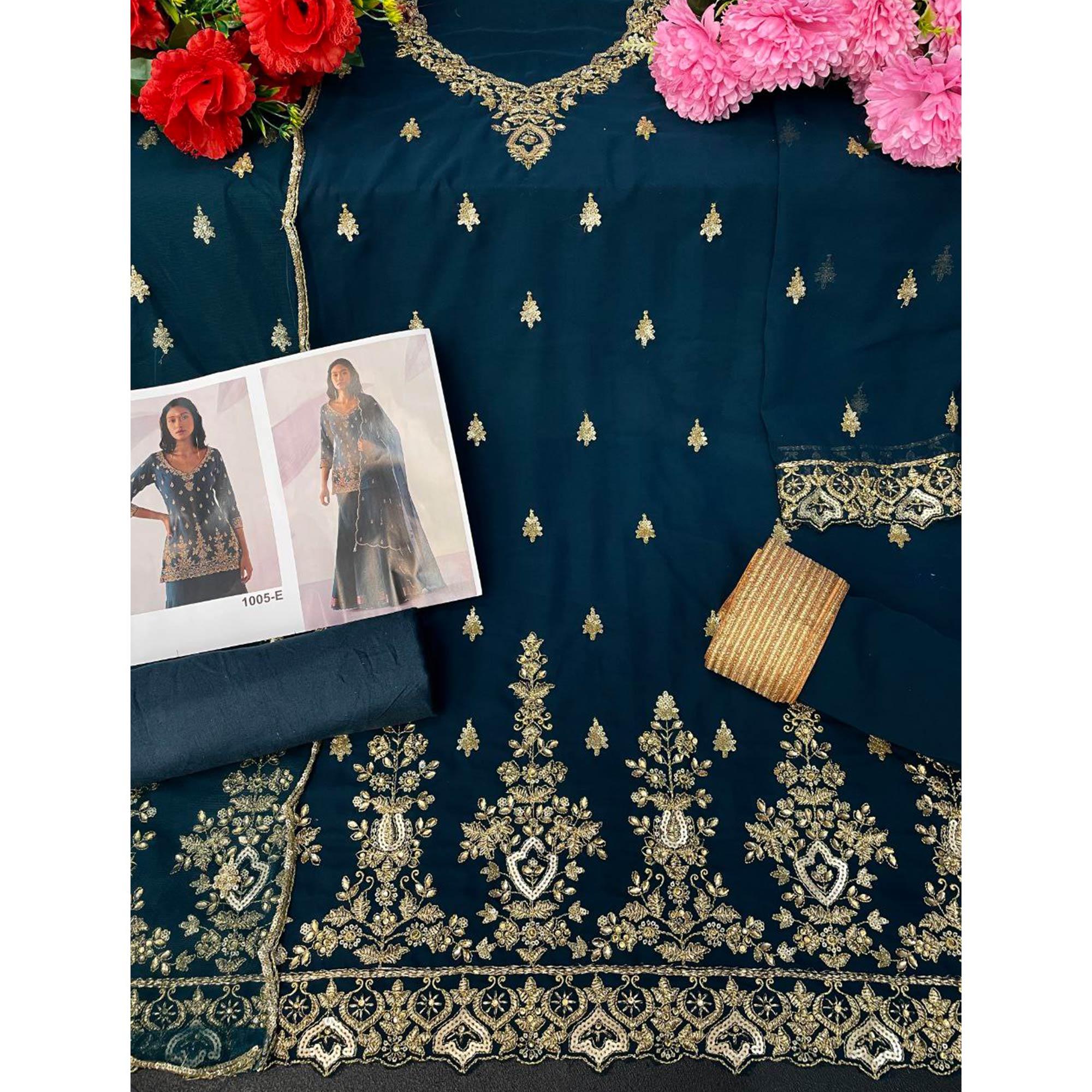 Teal Blue Embroidered Georgette Sharara Suit - Peachmode
