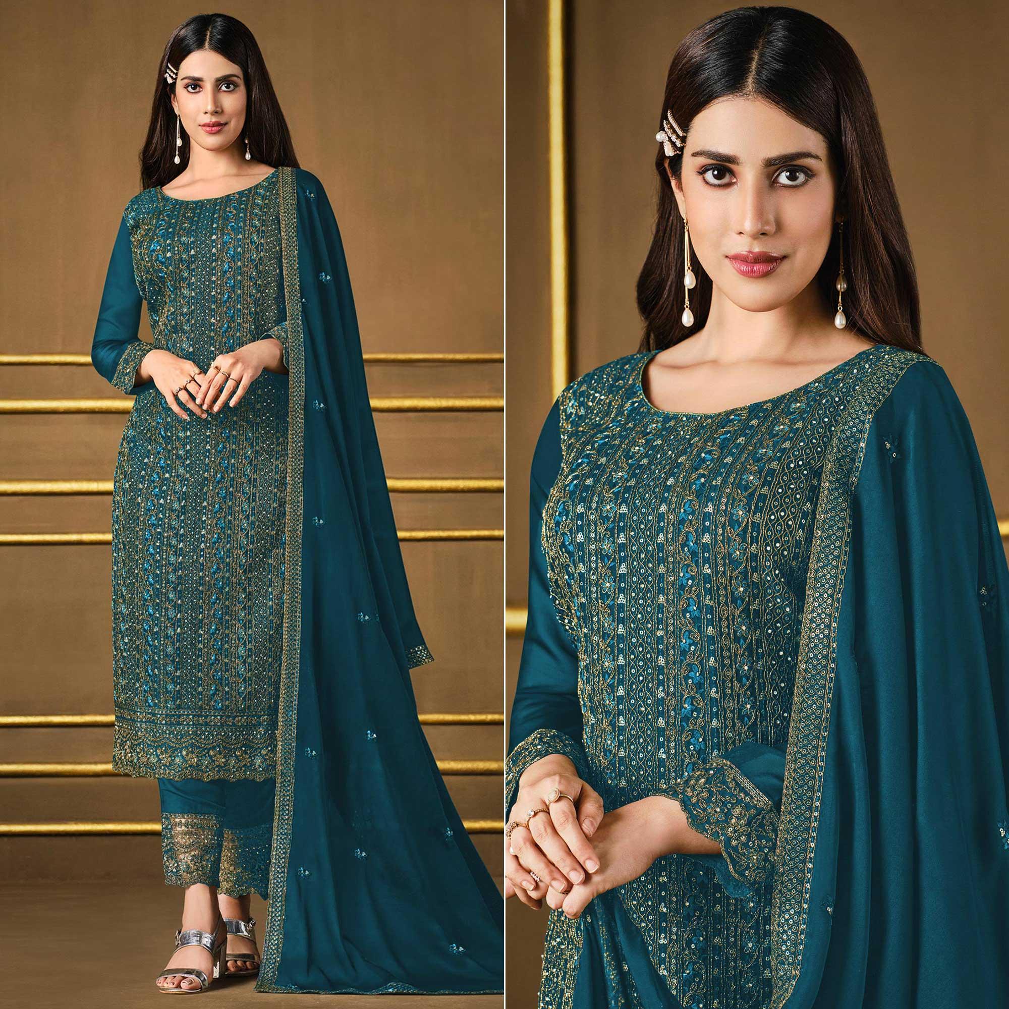 Teal Blue Embroidered Georgette Suit - Peachmode