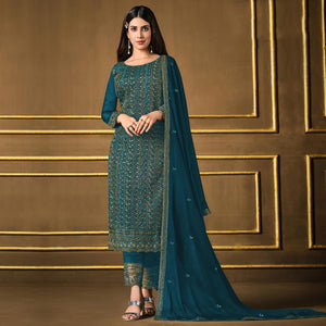 Teal Blue Embroidered Georgette Suit - Peachmode