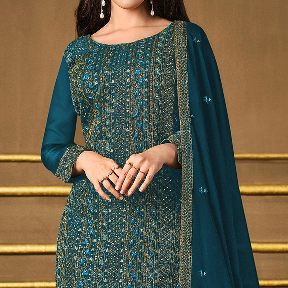 Teal Blue Embroidered Georgette Suit - Peachmode