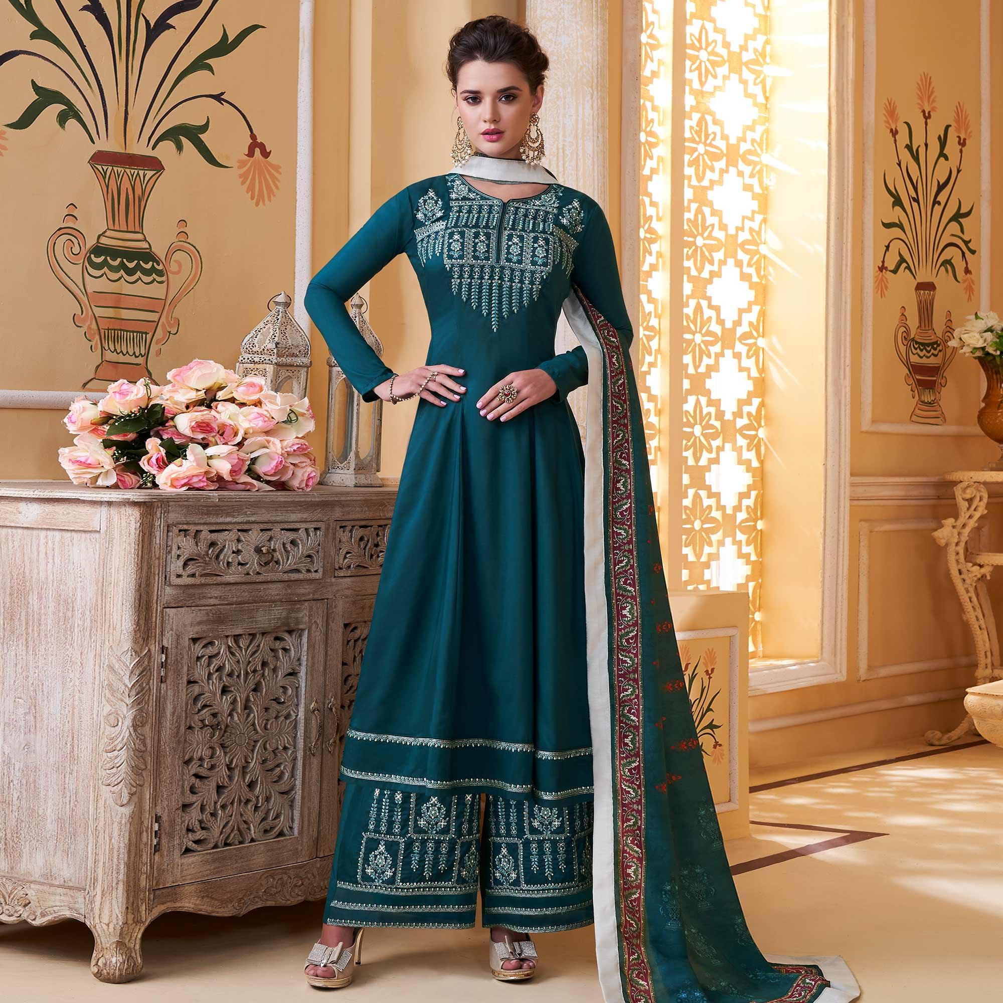 Teal Blue Embroidered Muslin Palazzo Suit - Peachmode