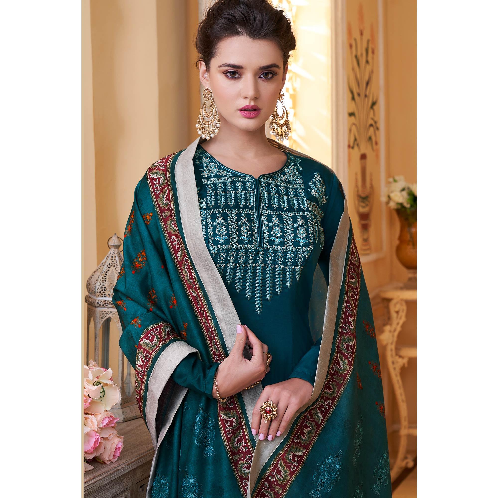 Teal Blue Embroidered Muslin Palazzo Suit - Peachmode
