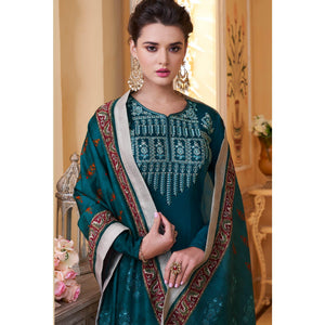 Teal Blue Embroidered Muslin Palazzo Suit - Peachmode