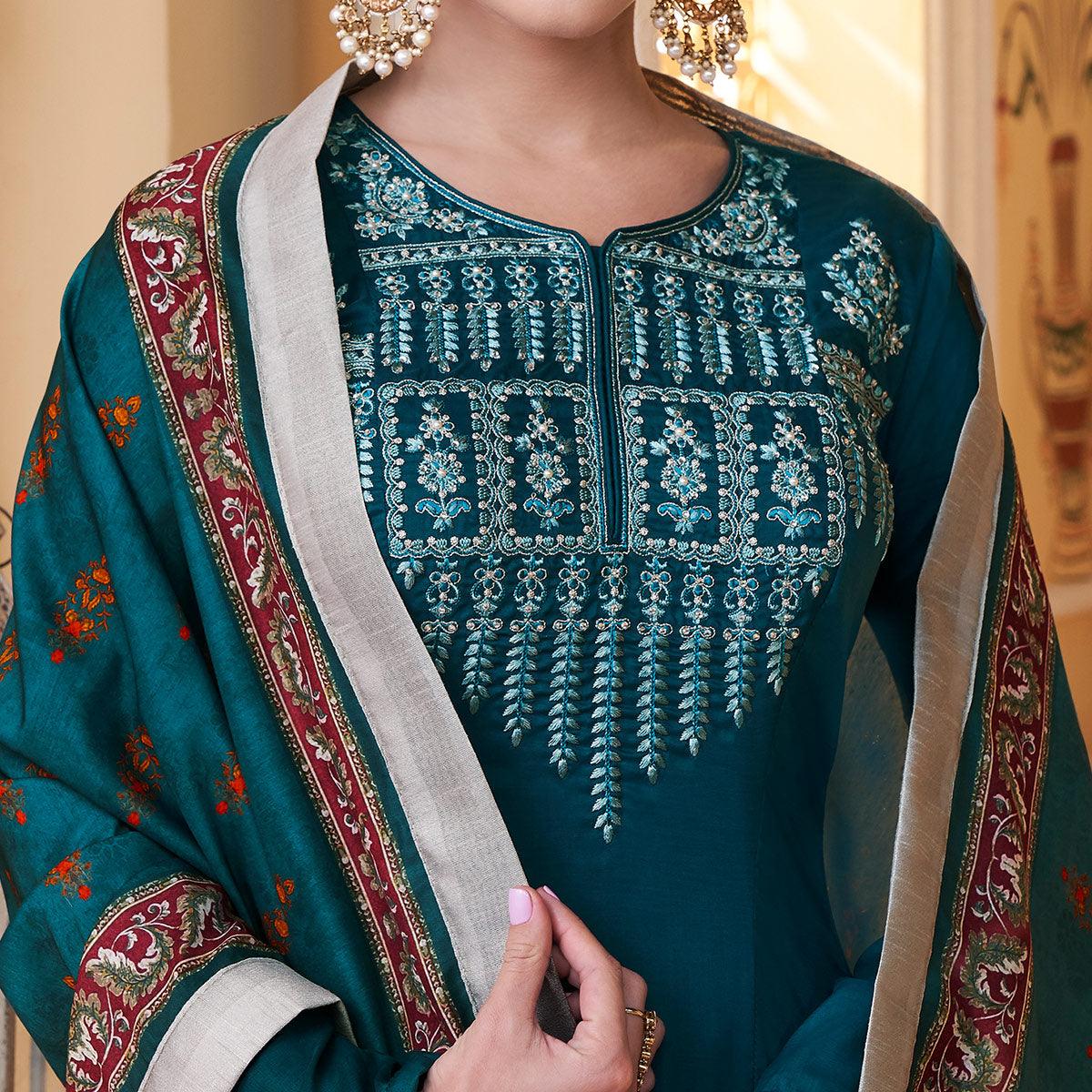Teal Blue Embroidered Muslin Palazzo Suit - Peachmode