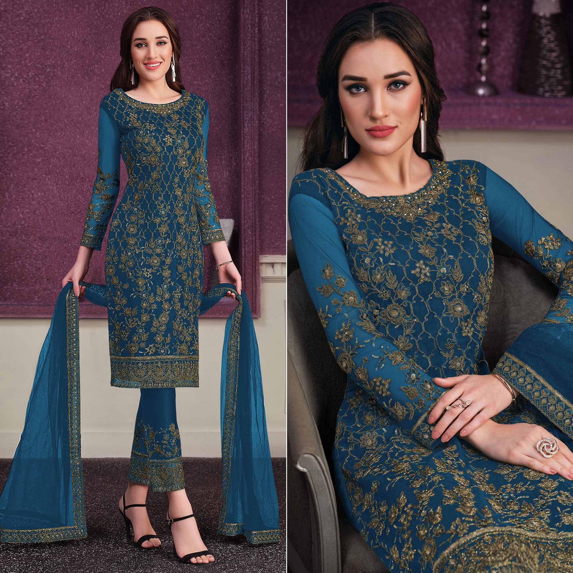 Teal Blue Embroidered Netted Suit - Peachmode