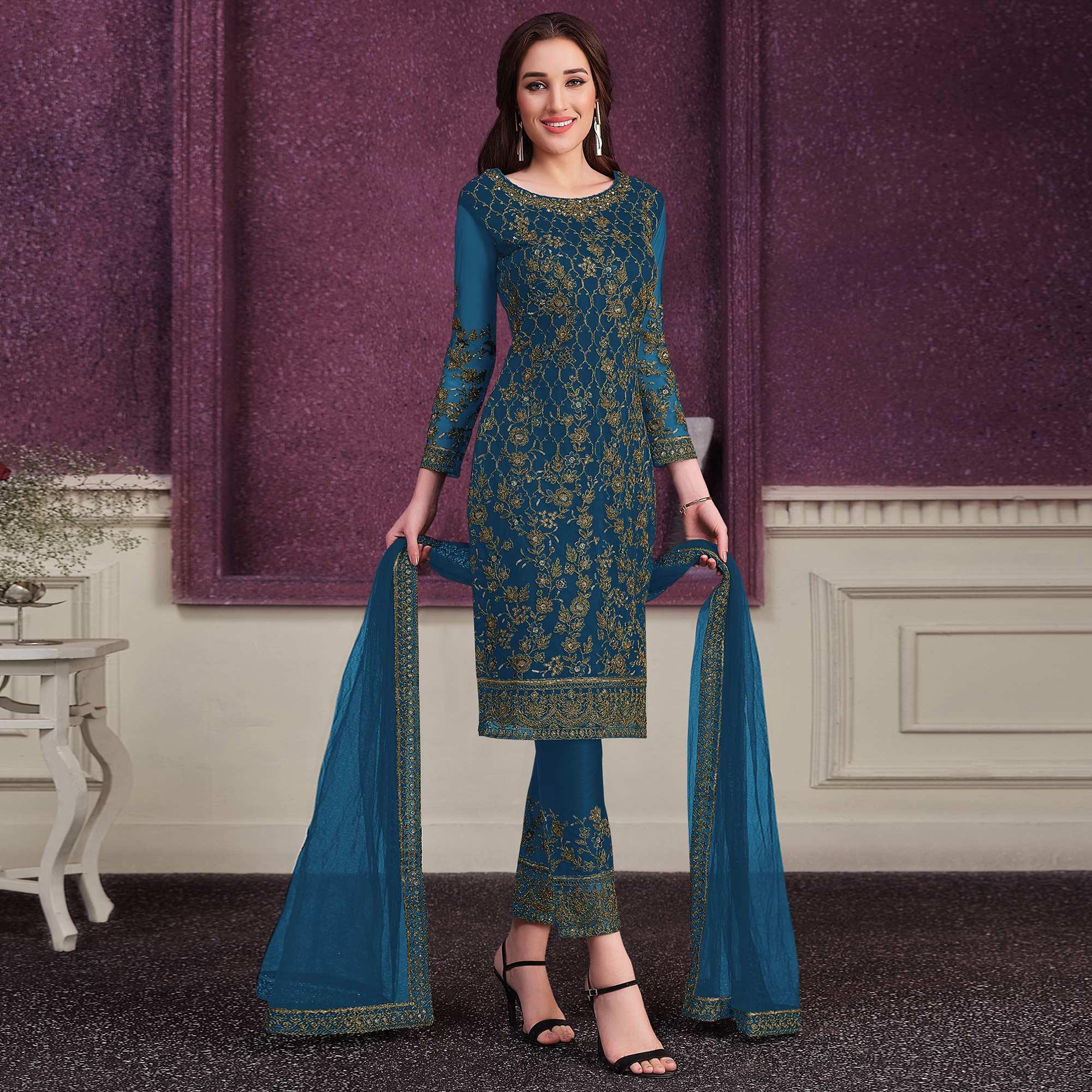 Teal Blue Embroidered Netted Suit - Peachmode