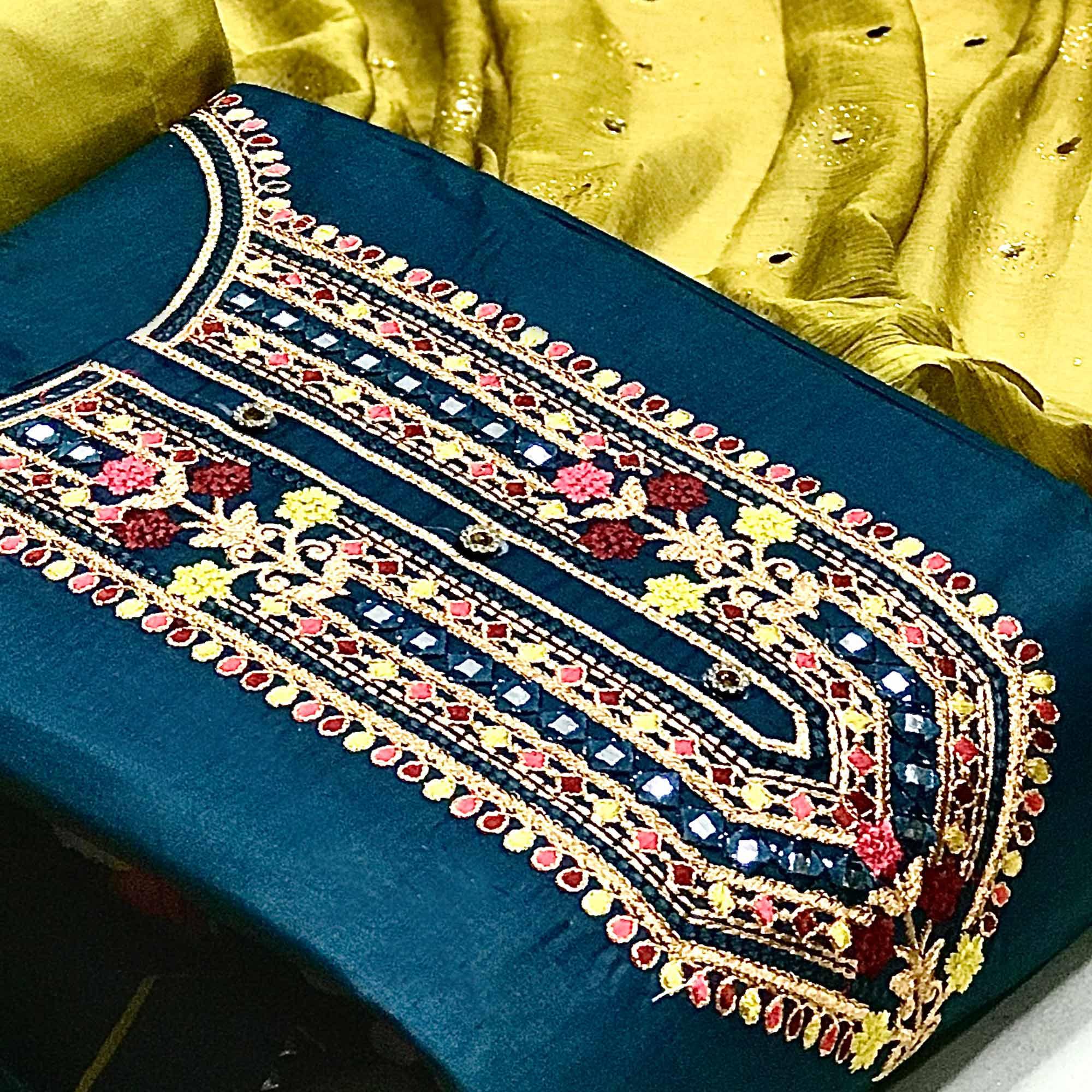 Teal Blue Embroidered Pure Cotton Dress Material - Peachmode