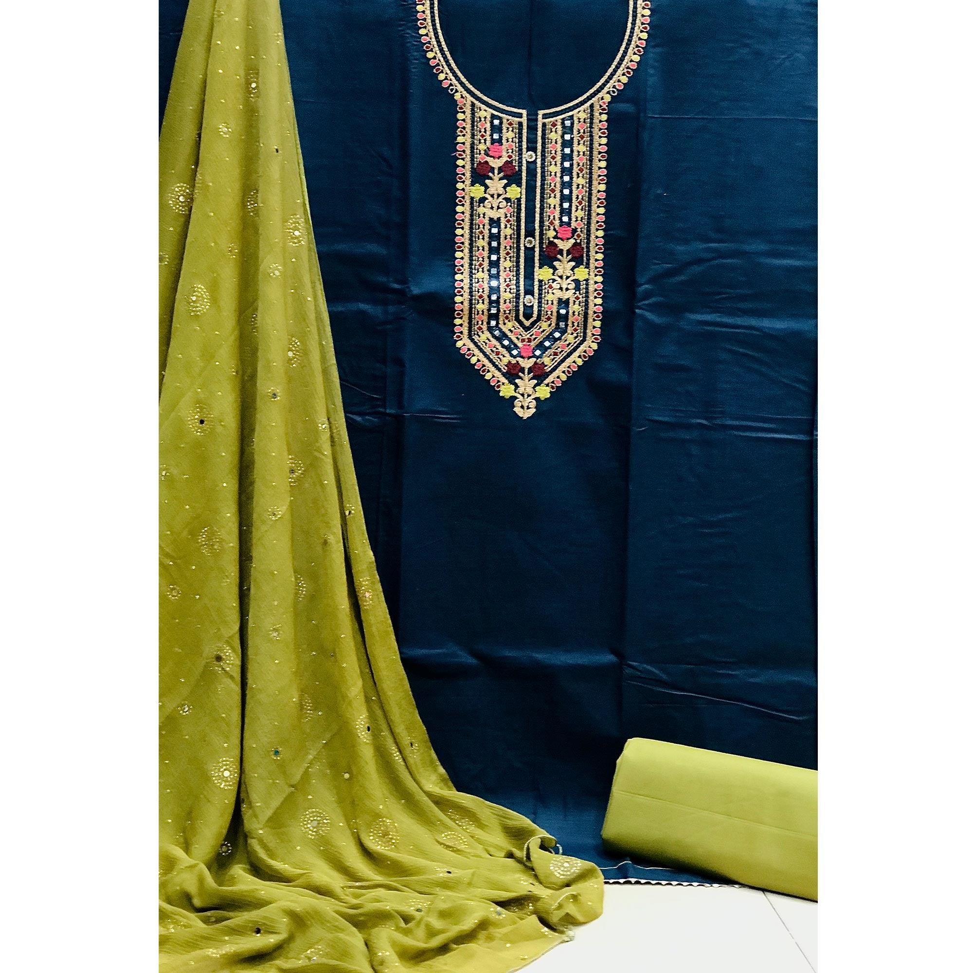 Teal Blue Embroidered Pure Cotton Dress Material - Peachmode