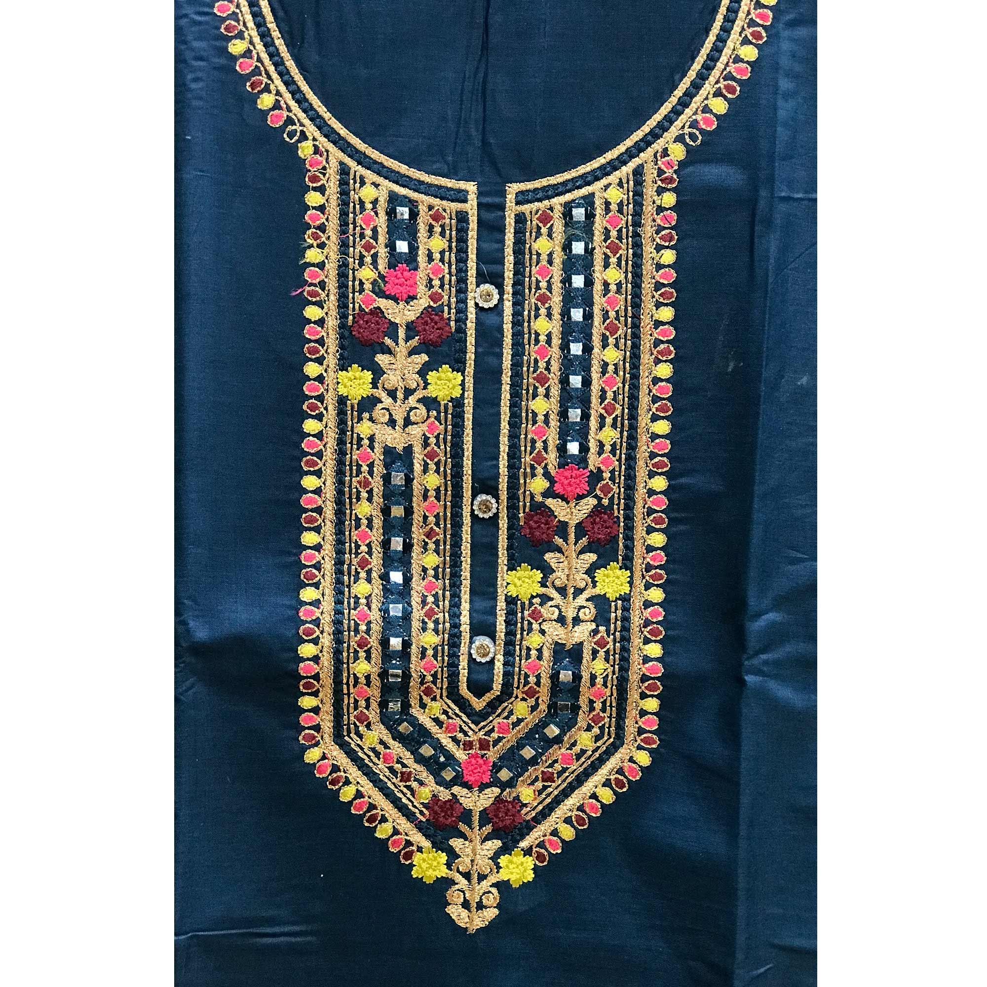 Teal Blue Embroidered Pure Cotton Dress Material - Peachmode