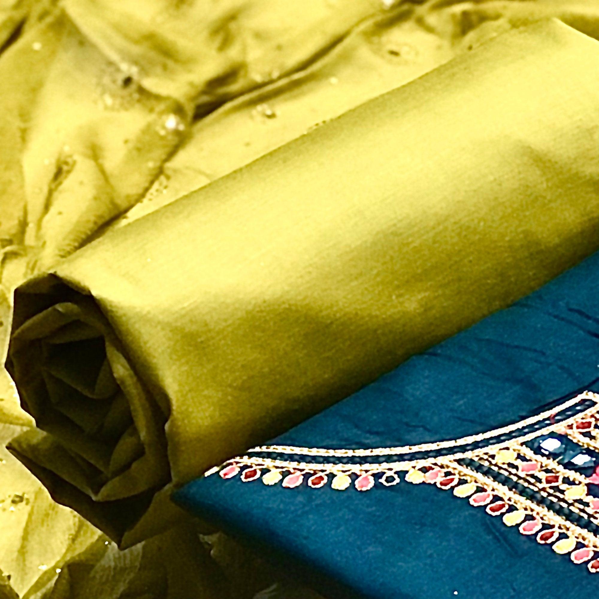 Teal Blue Embroidered Pure Cotton Dress Material - Peachmode