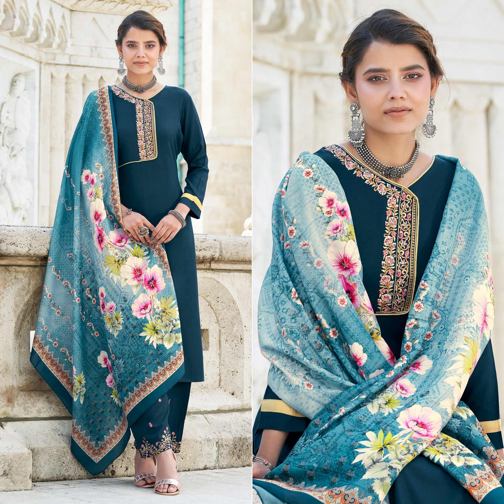 Teal Blue Embroidered Rayon Kurti Pant Set With Dupatta - Peachmode