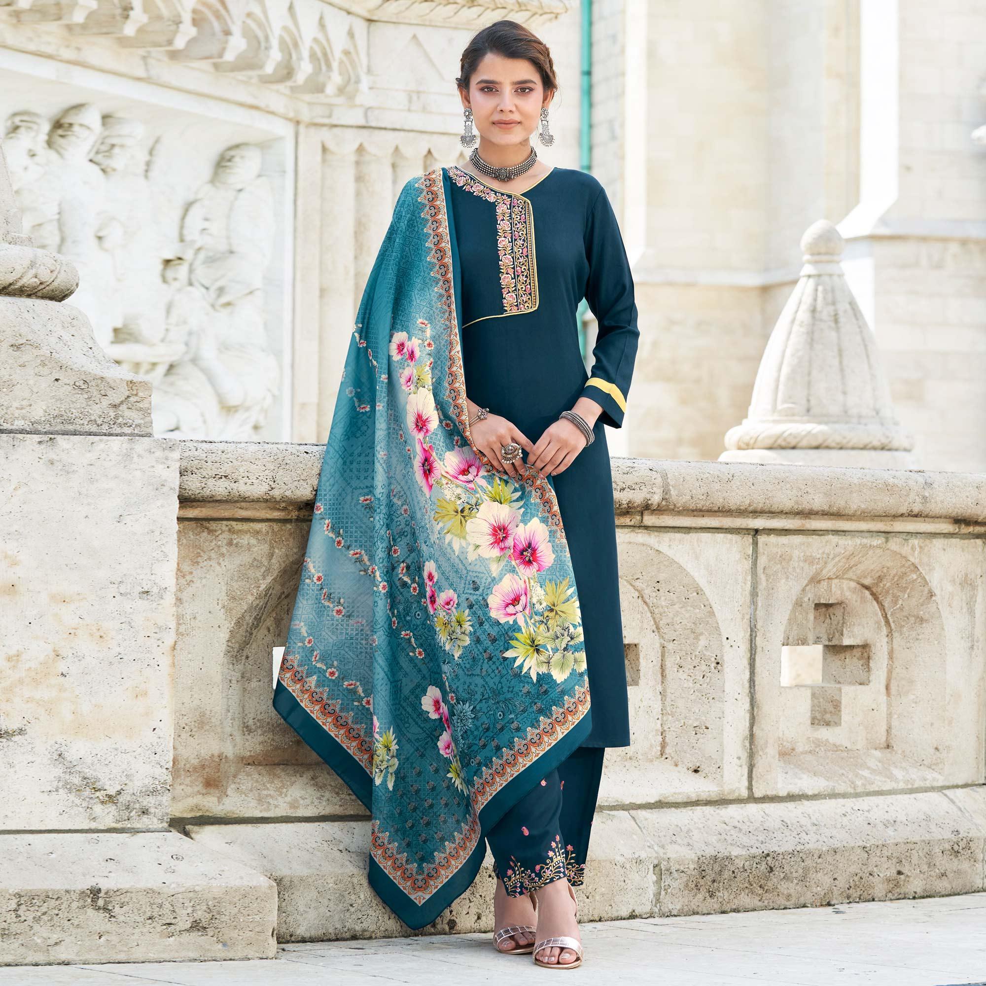 Teal Blue Embroidered Rayon Kurti Pant Set With Dupatta - Peachmode