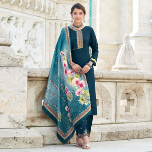 Teal Blue Embroidered Rayon Kurti Pant Set With Dupatta - Peachmode
