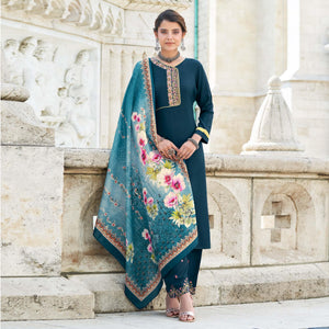 Teal Blue Embroidered Rayon Kurti Pant Set With Dupatta - Peachmode