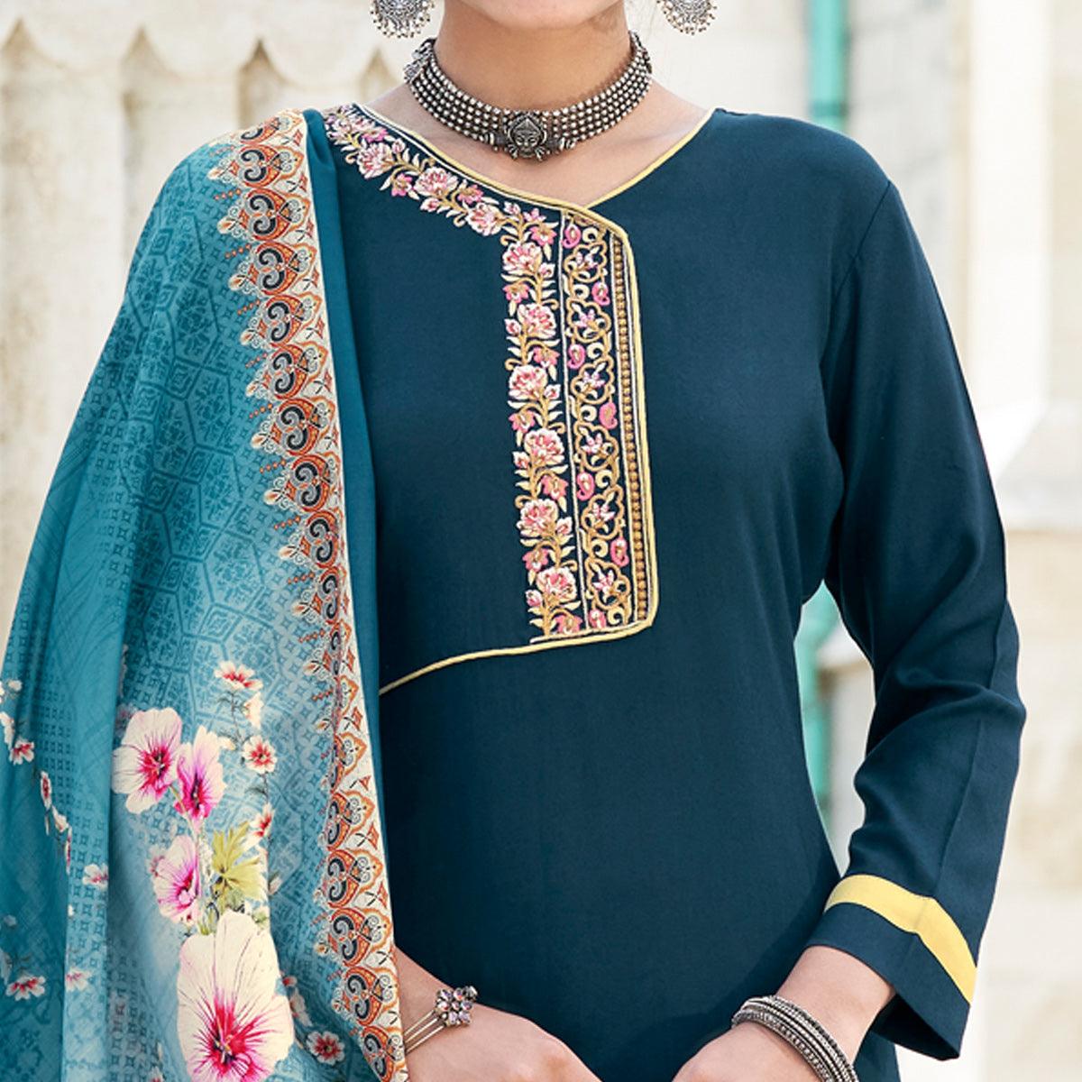 Teal Blue Embroidered Rayon Kurti Pant Set With Dupatta - Peachmode