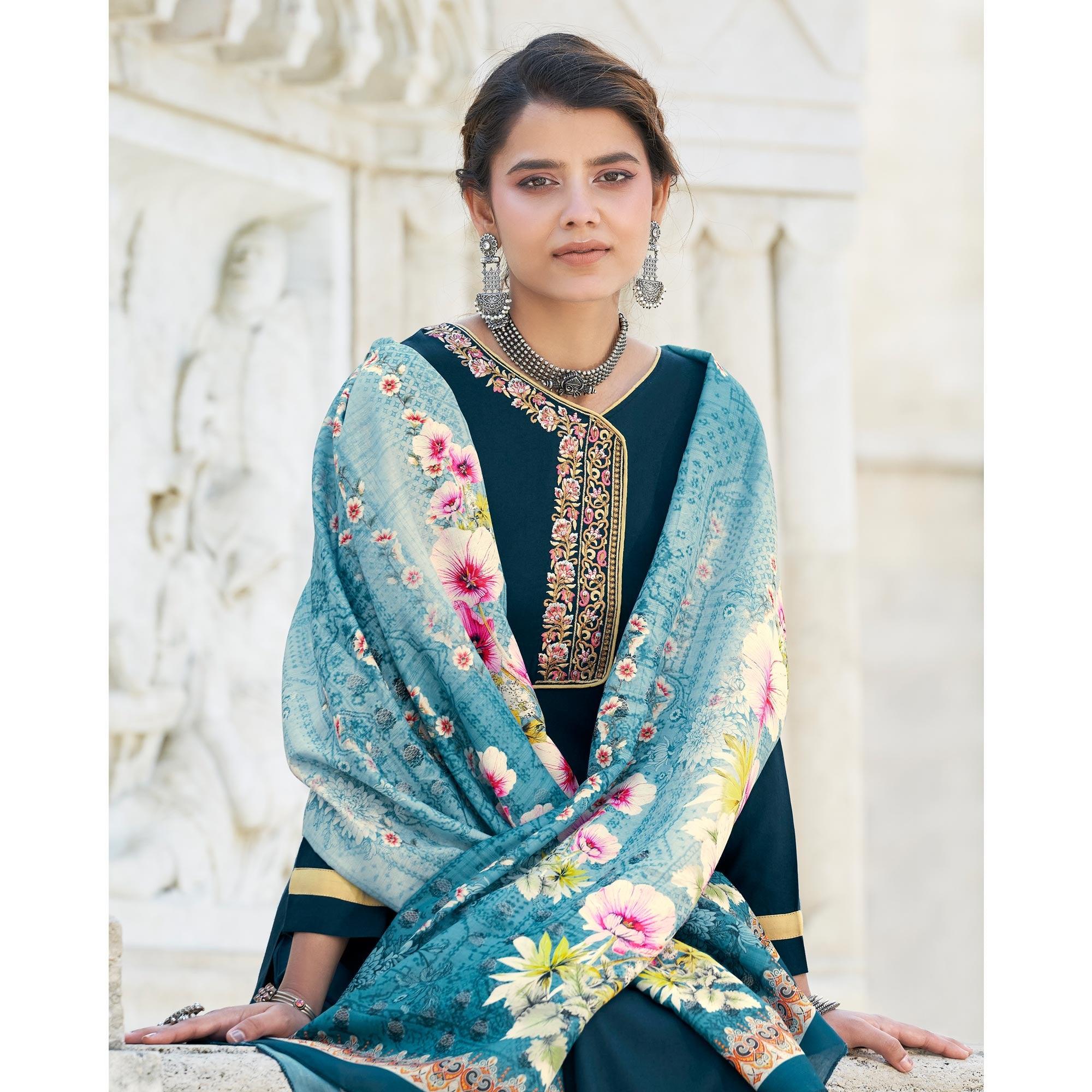 Teal Blue Embroidered Rayon Kurti Pant Set With Dupatta - Peachmode