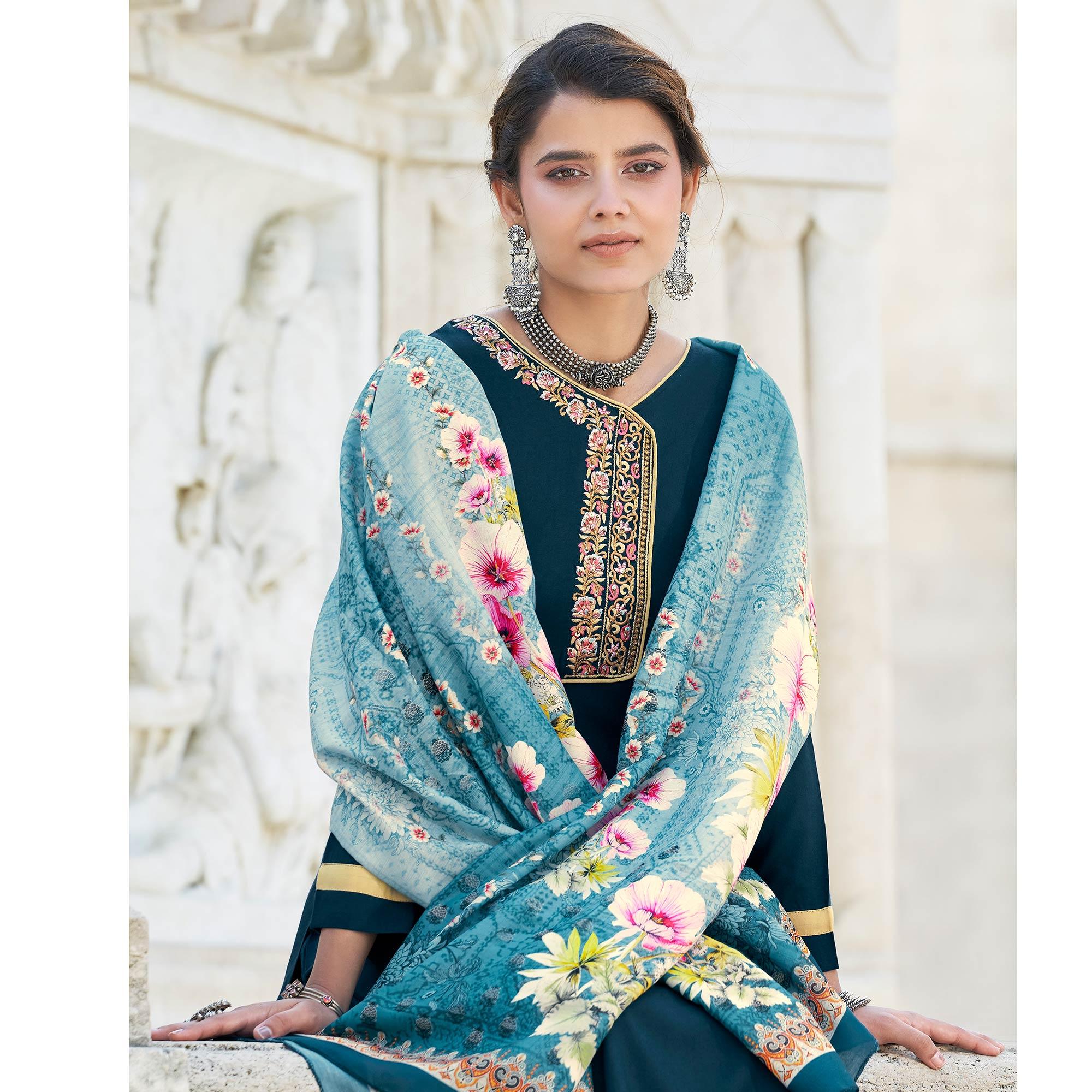 Teal Blue Embroidered Rayon Kurti Pant Set With Dupatta - Peachmode