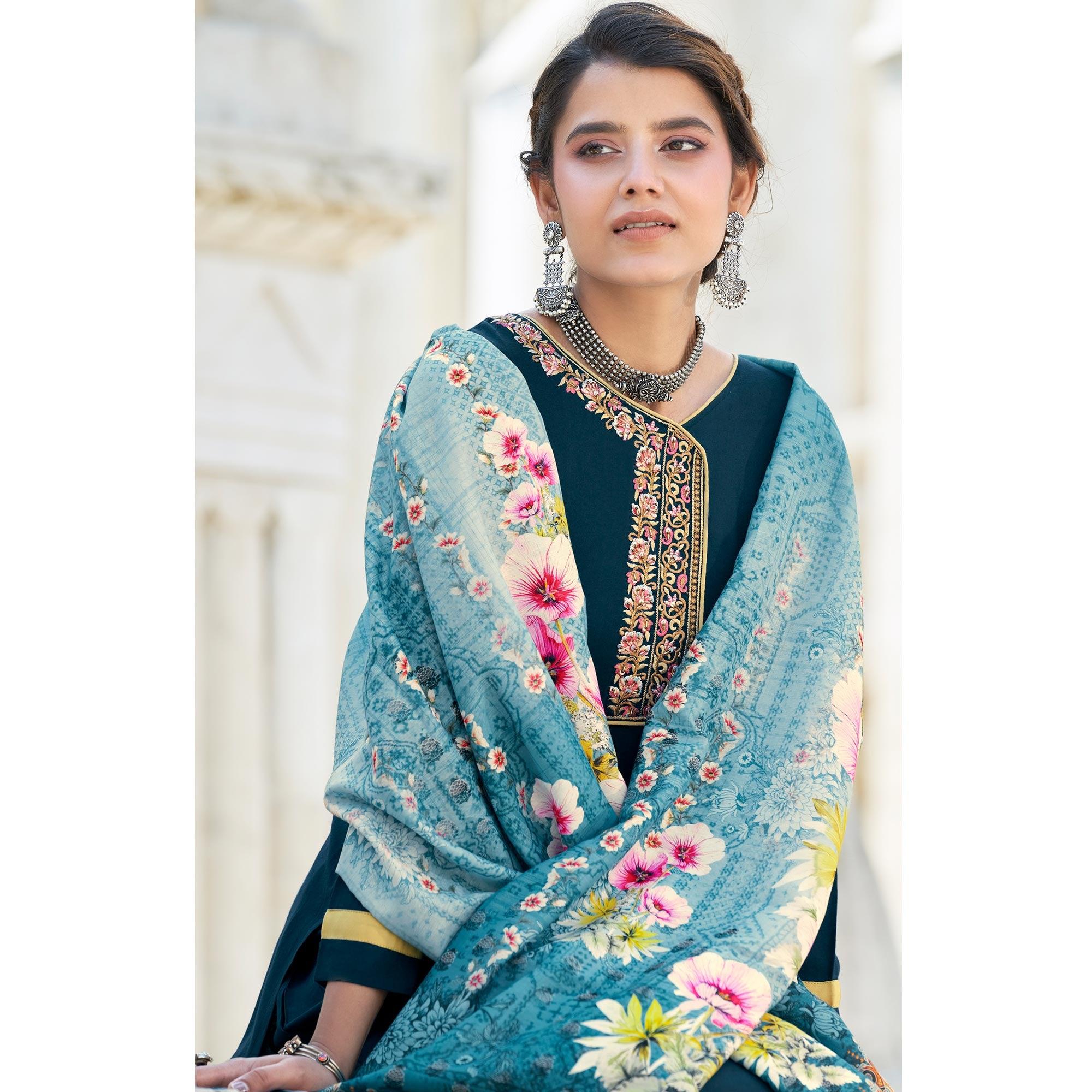 Teal Blue Embroidered Rayon Kurti Pant Set With Dupatta - Peachmode