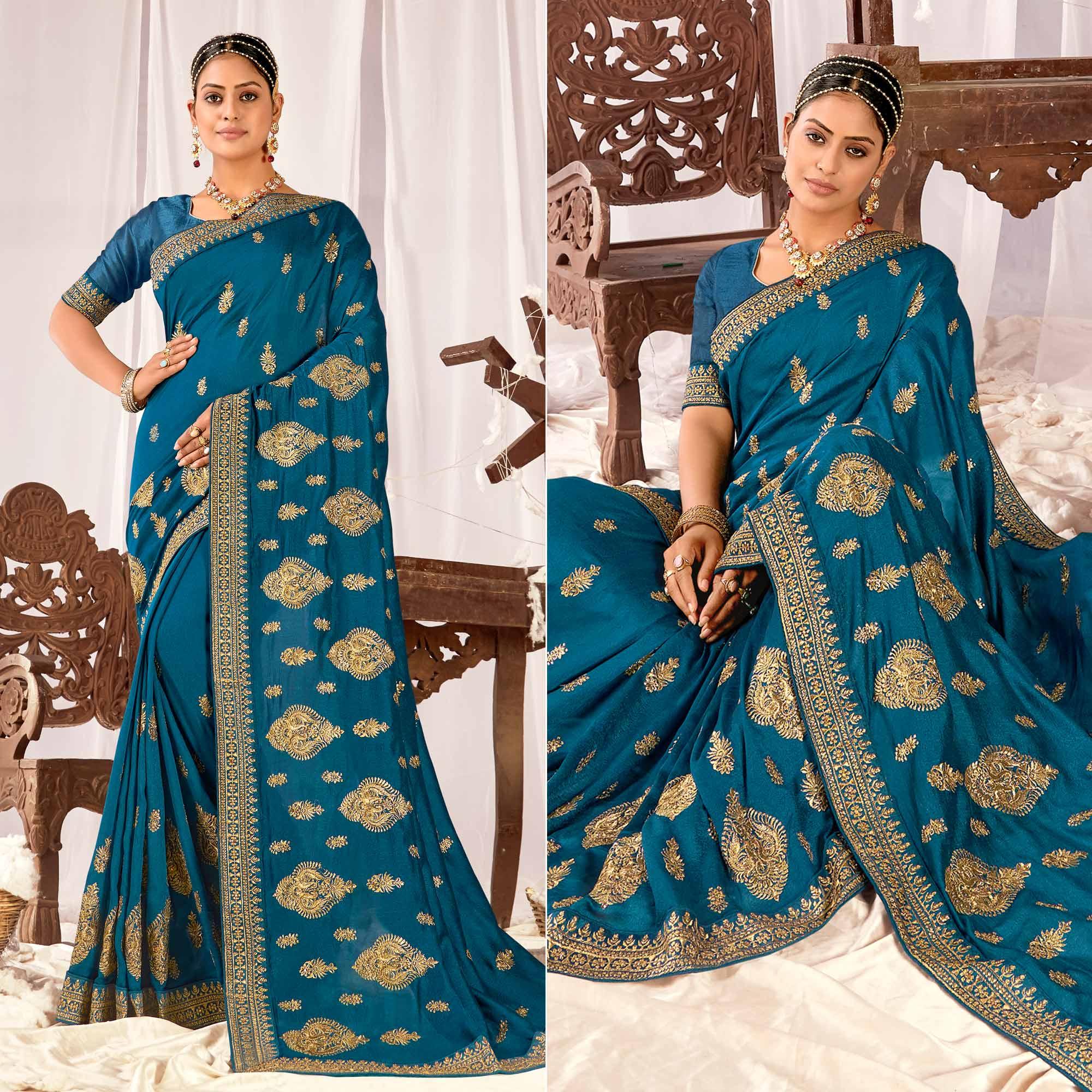 Teal Blue Embroidered Vichitra Silk Saree - Peachmode