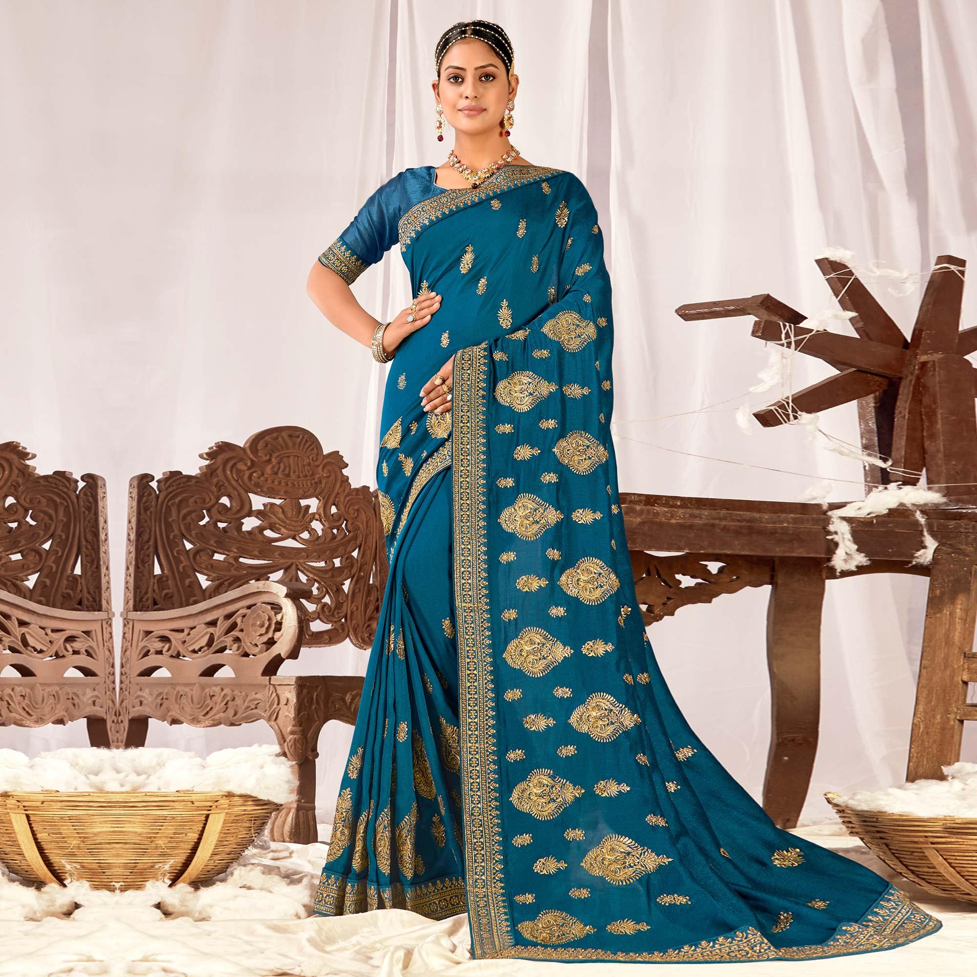 Teal Blue Embroidered Vichitra Silk Saree - Peachmode