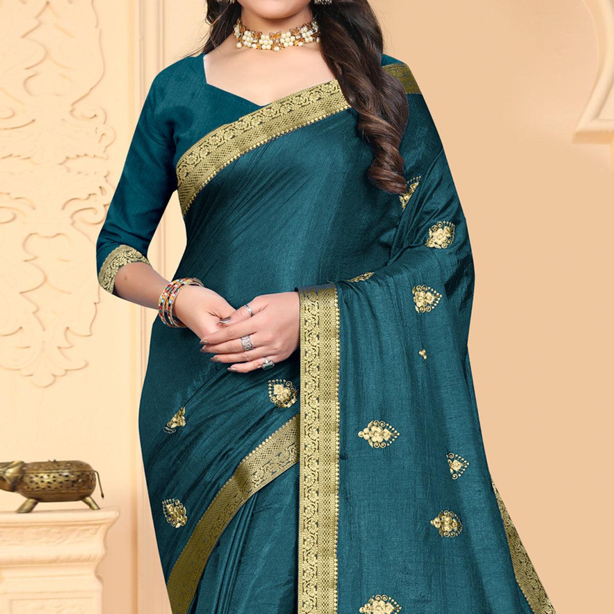 Teal Blue Embroidered Vichitra Silk Saree - Peachmode