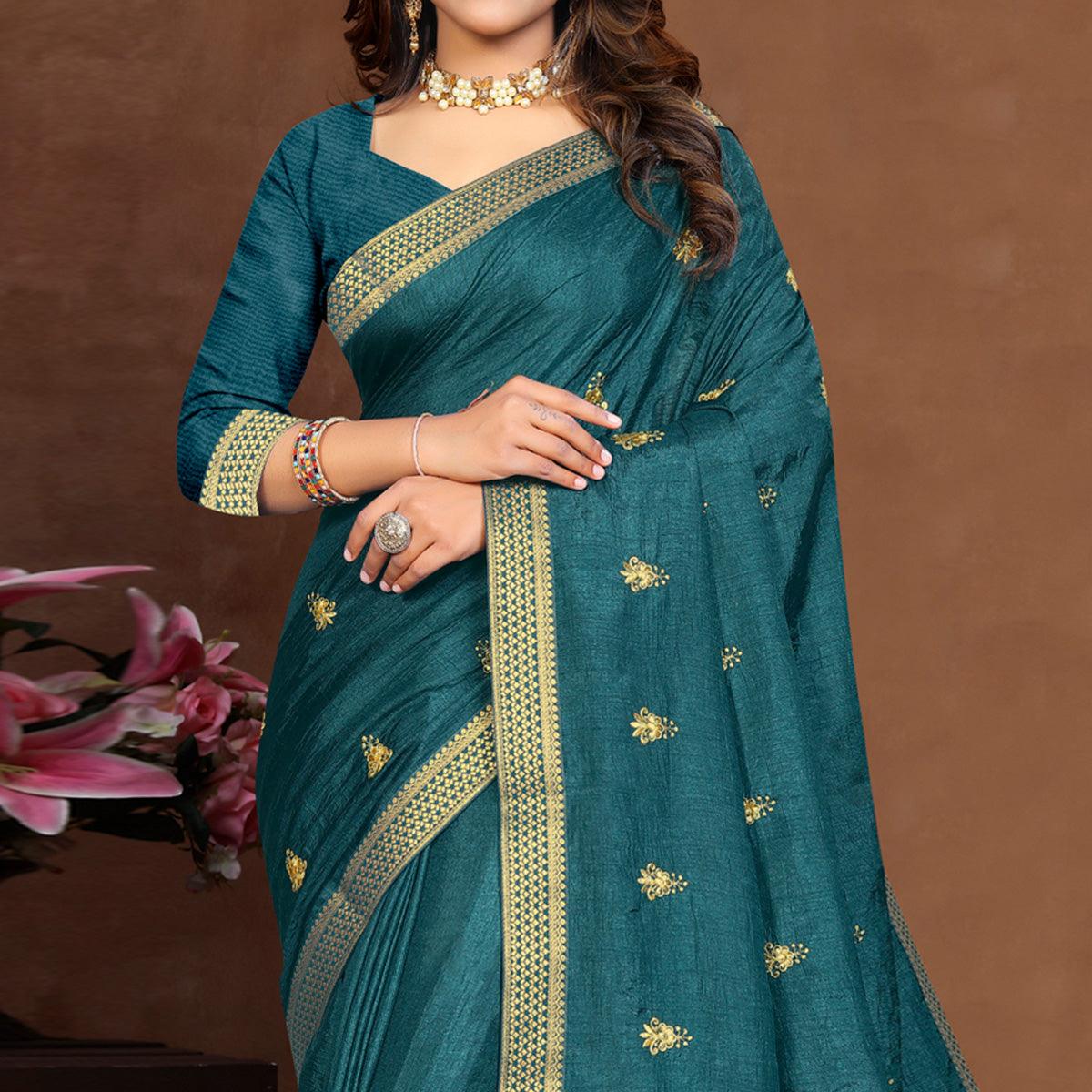 Teal Blue Embroidered Vichitra Silk Saree - Peachmode