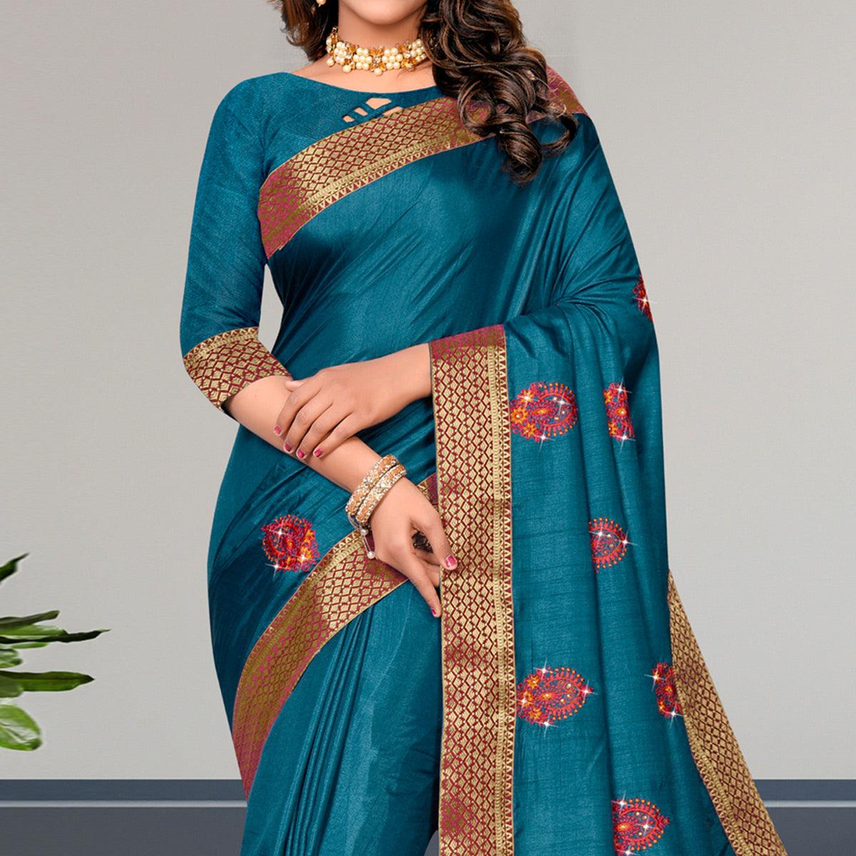 Teal Blue Embroidered Vichitra Silk Saree - Peachmode