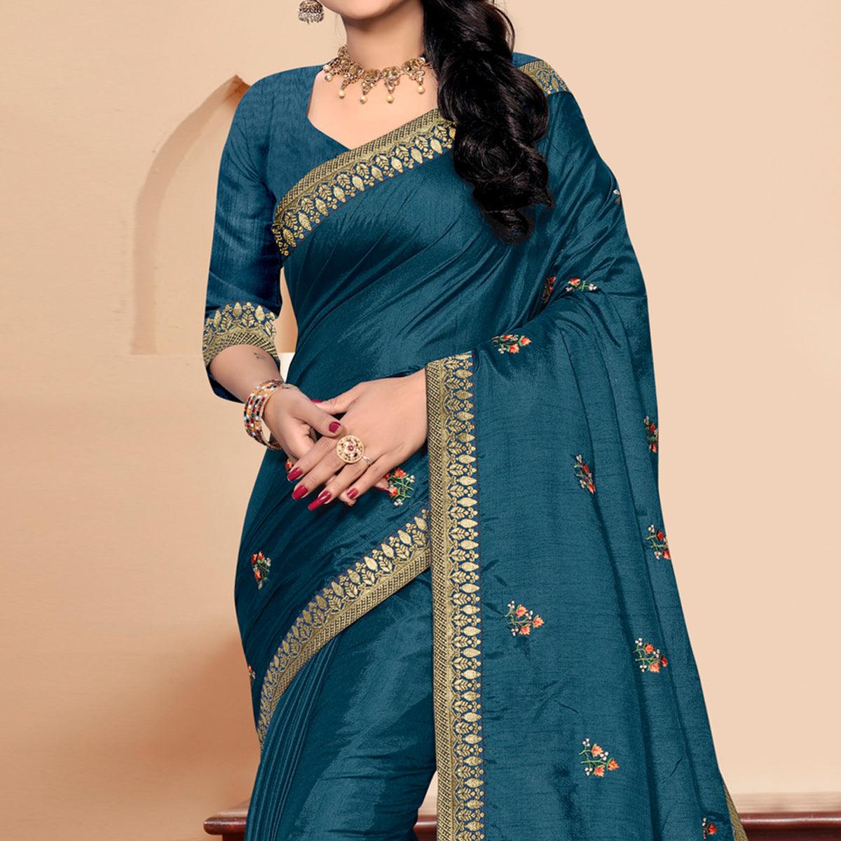 Teal Blue Embroidered Vichitra Silk Saree - Peachmode