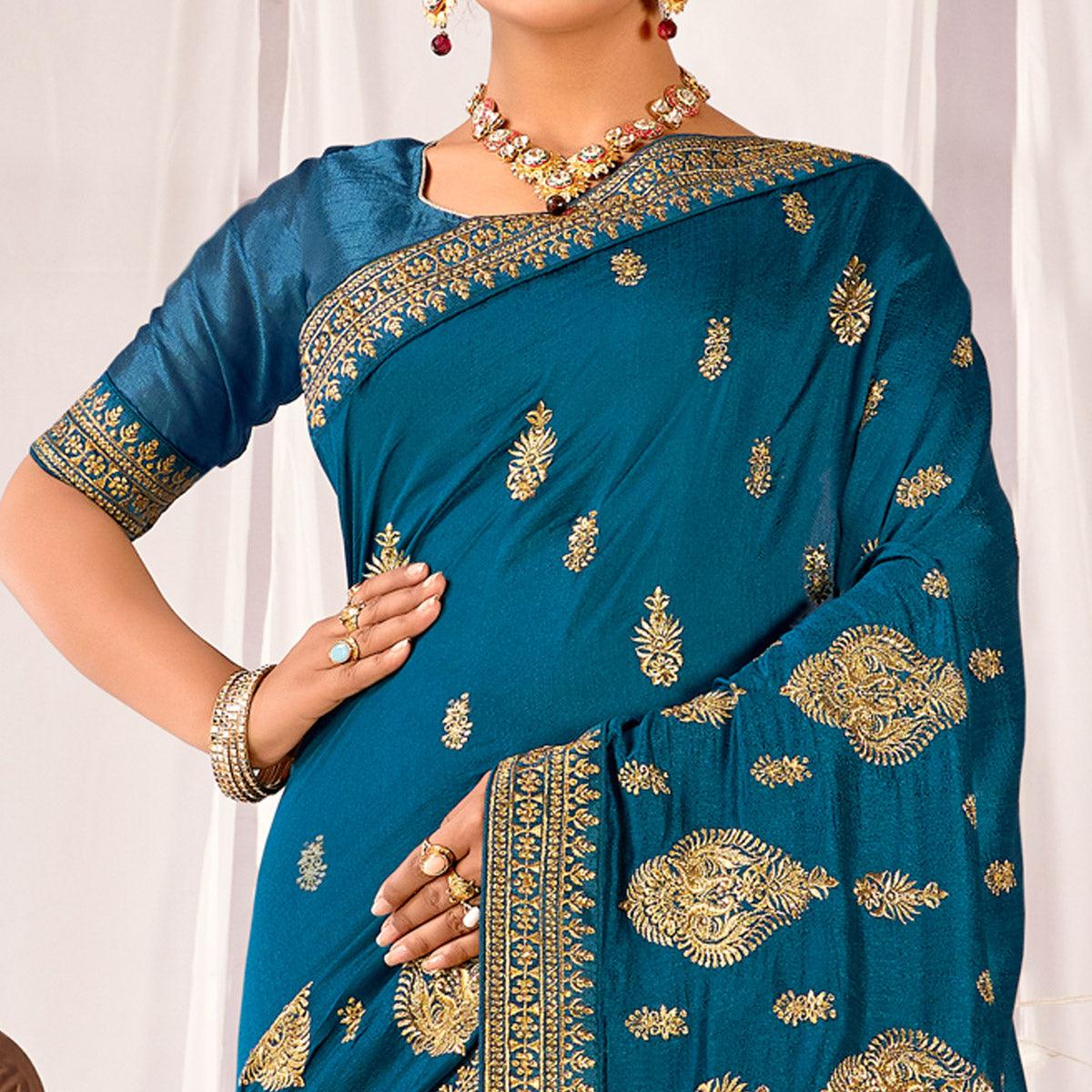 Teal Blue Embroidered Vichitra Silk Saree - Peachmode