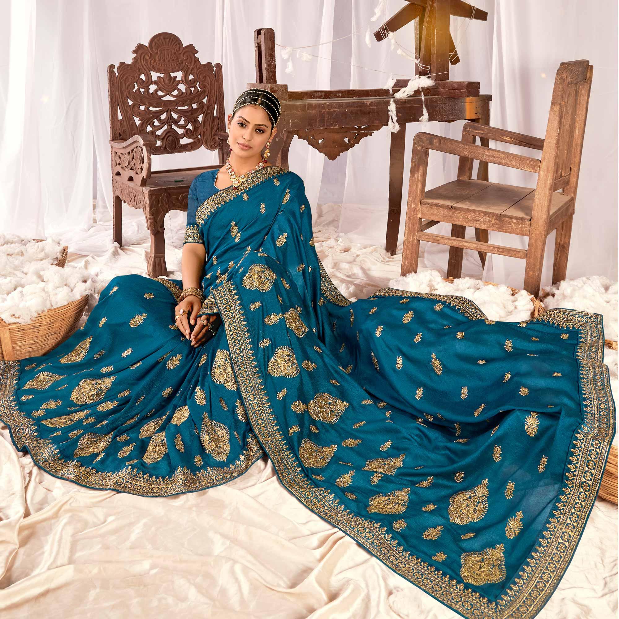 Teal Blue Embroidered Vichitra Silk Saree - Peachmode