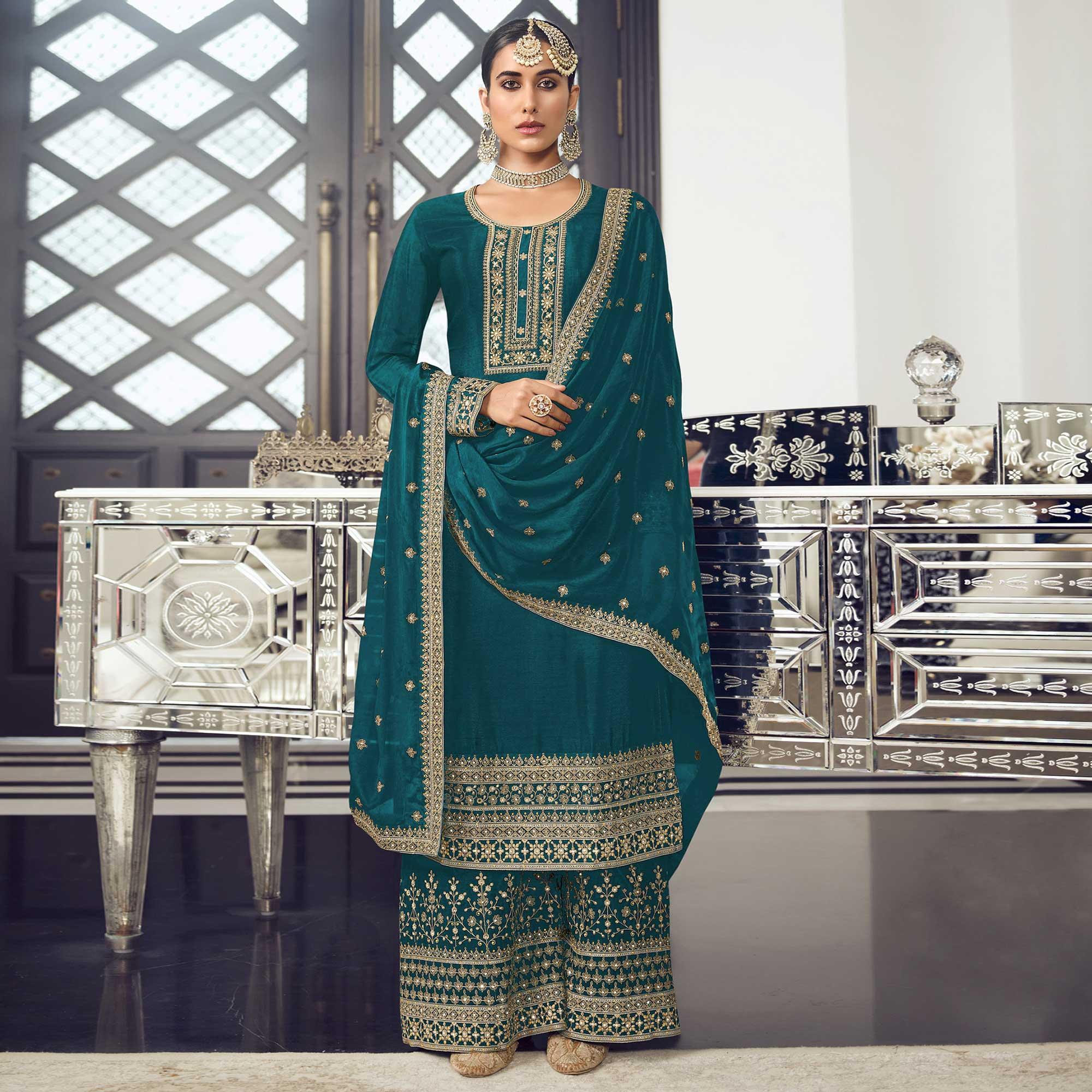 Teal Blue Embroidered With Embellished Dola Silk Palazzo Suit - Peachmode