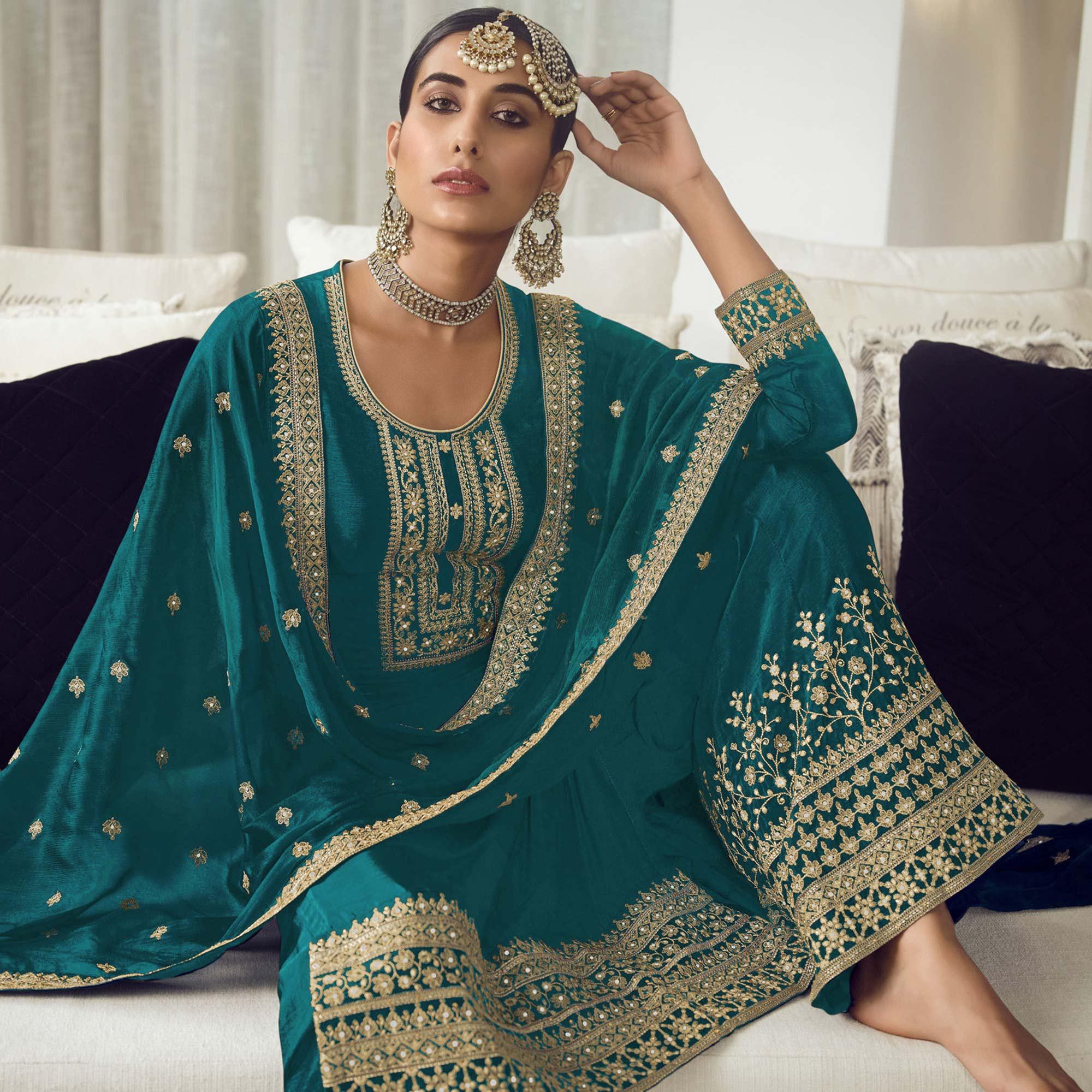 Teal Blue Embroidered With Embellished Dola Silk Palazzo Suit - Peachmode