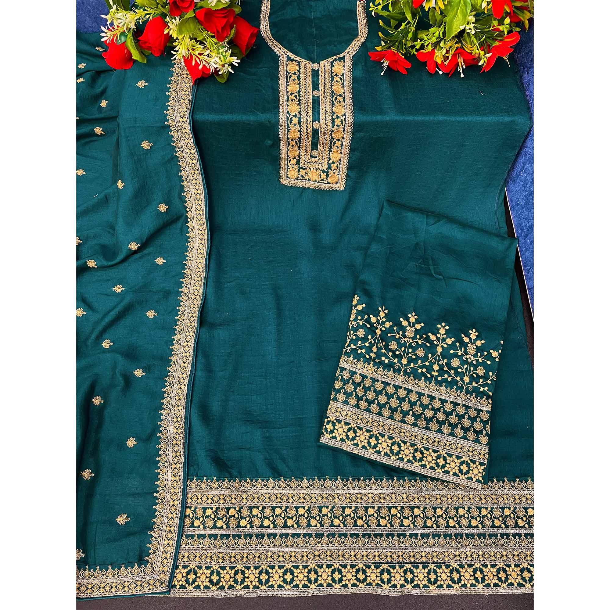 Teal Blue Embroidered With Embellished Dola Silk Palazzo Suit - Peachmode
