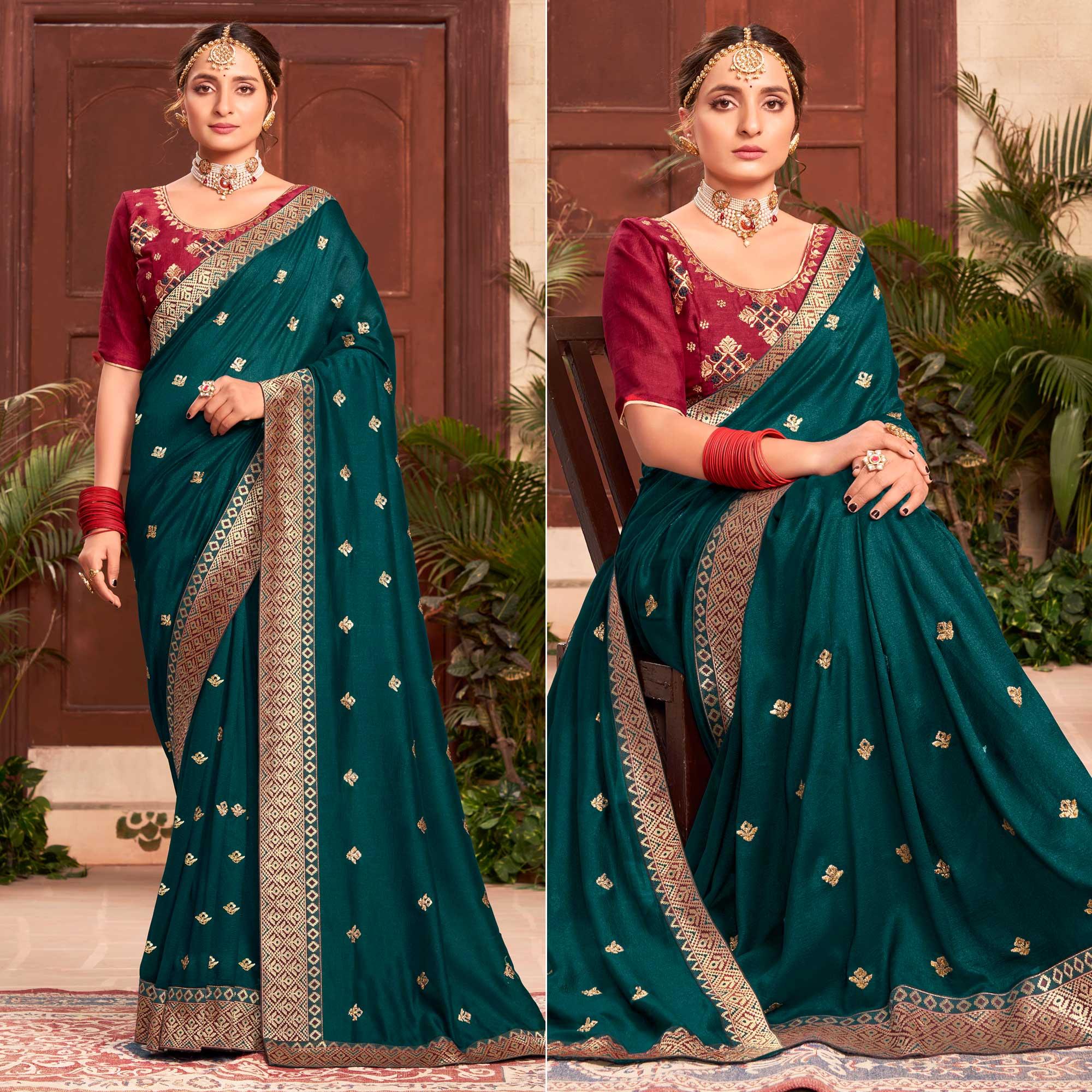 Teal Blue Embroidered With Embellished Vichitra Silk Saree - Peachmode