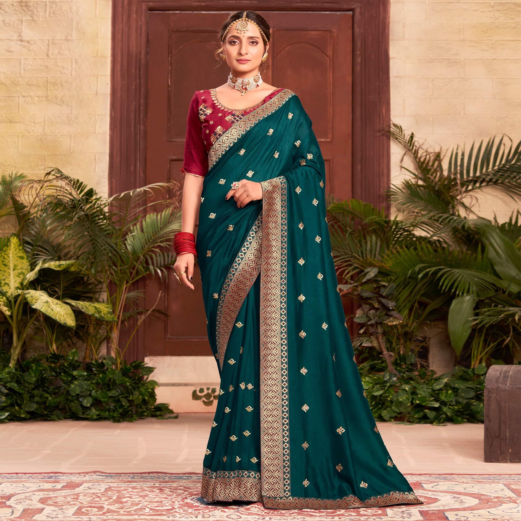 Teal Blue Embroidered With Embellished Vichitra Silk Saree - Peachmode