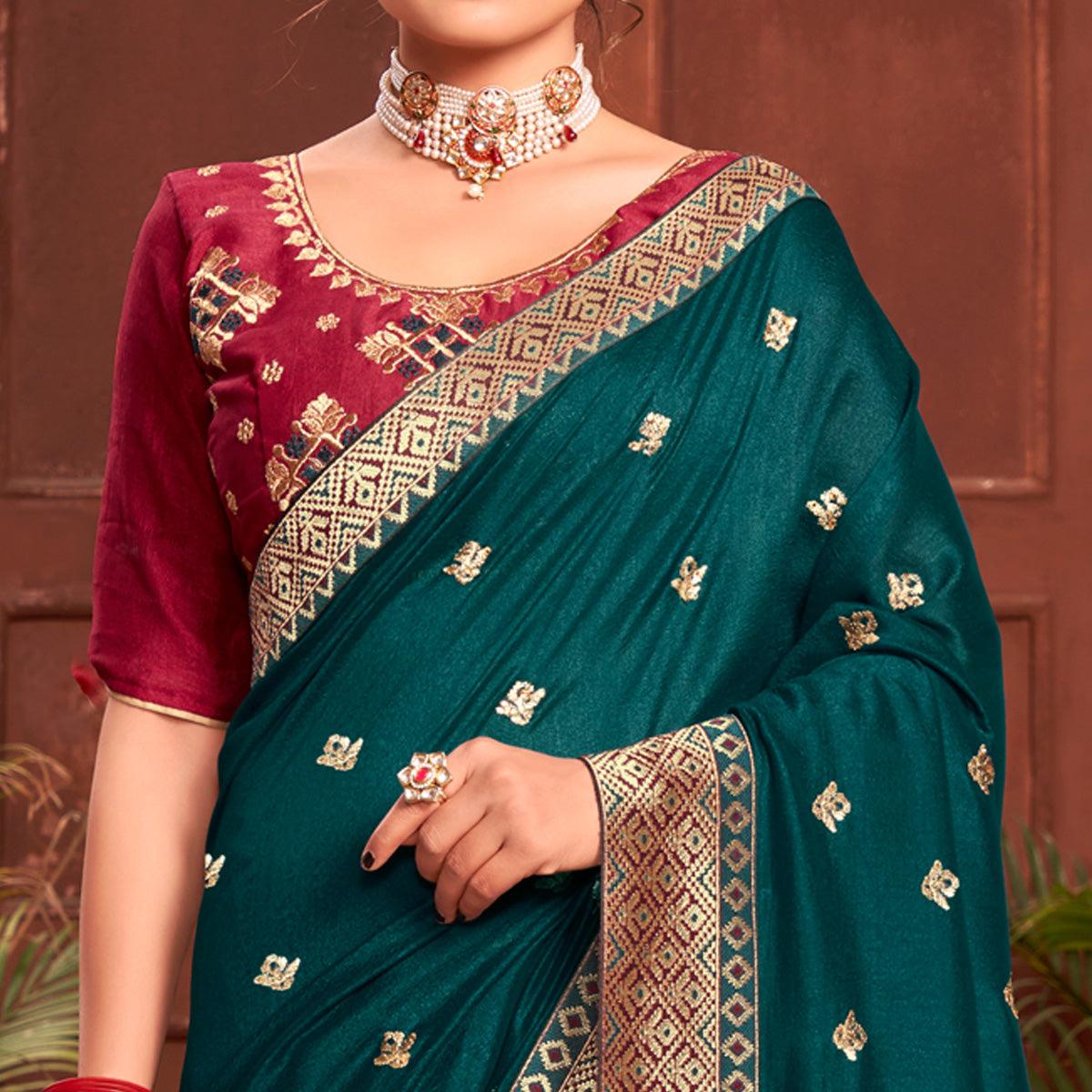 Teal Blue Embroidered With Embellished Vichitra Silk Saree - Peachmode