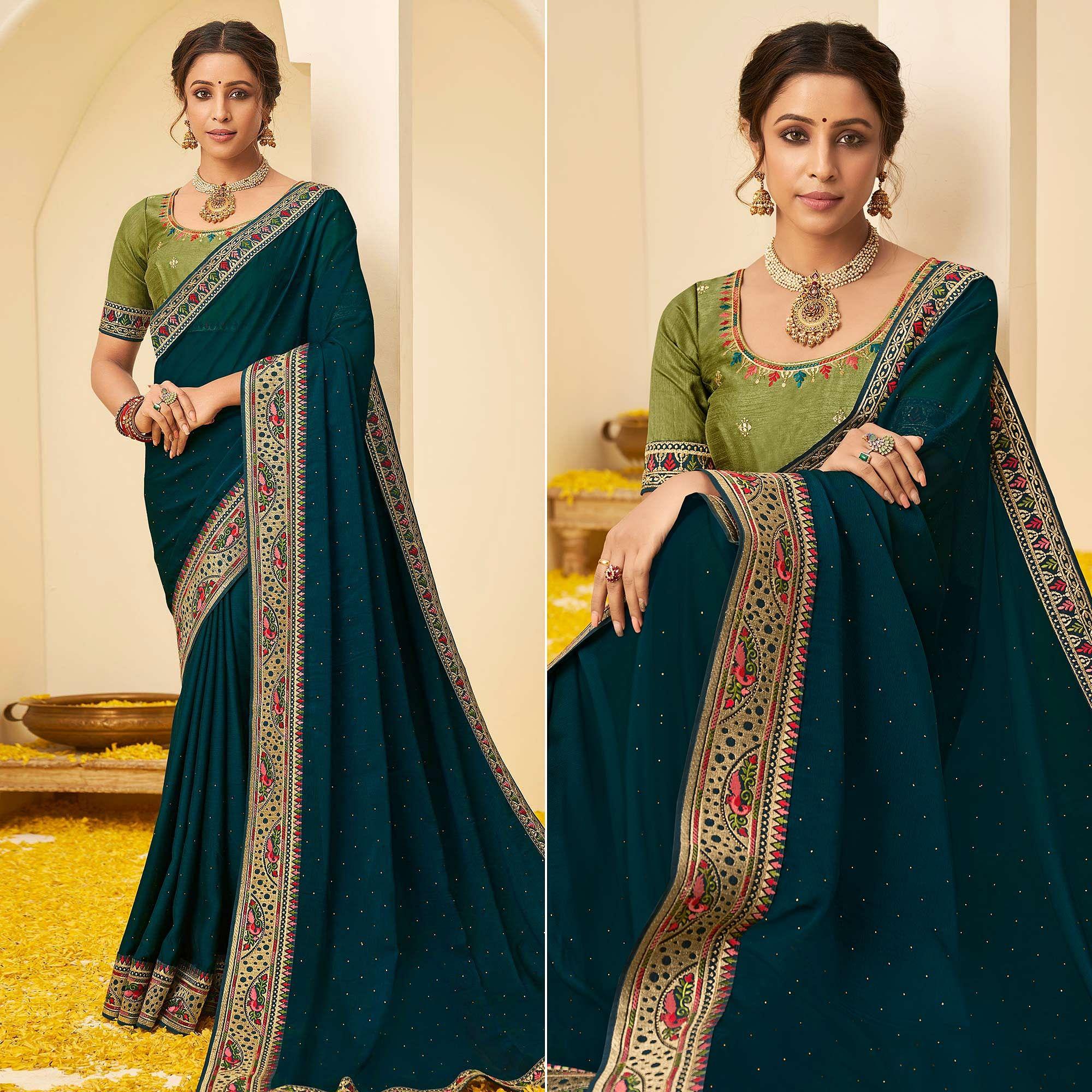 Teal Blue Festive Wear Embellished Chiffon Saree With Heavy Lace - Peachmode