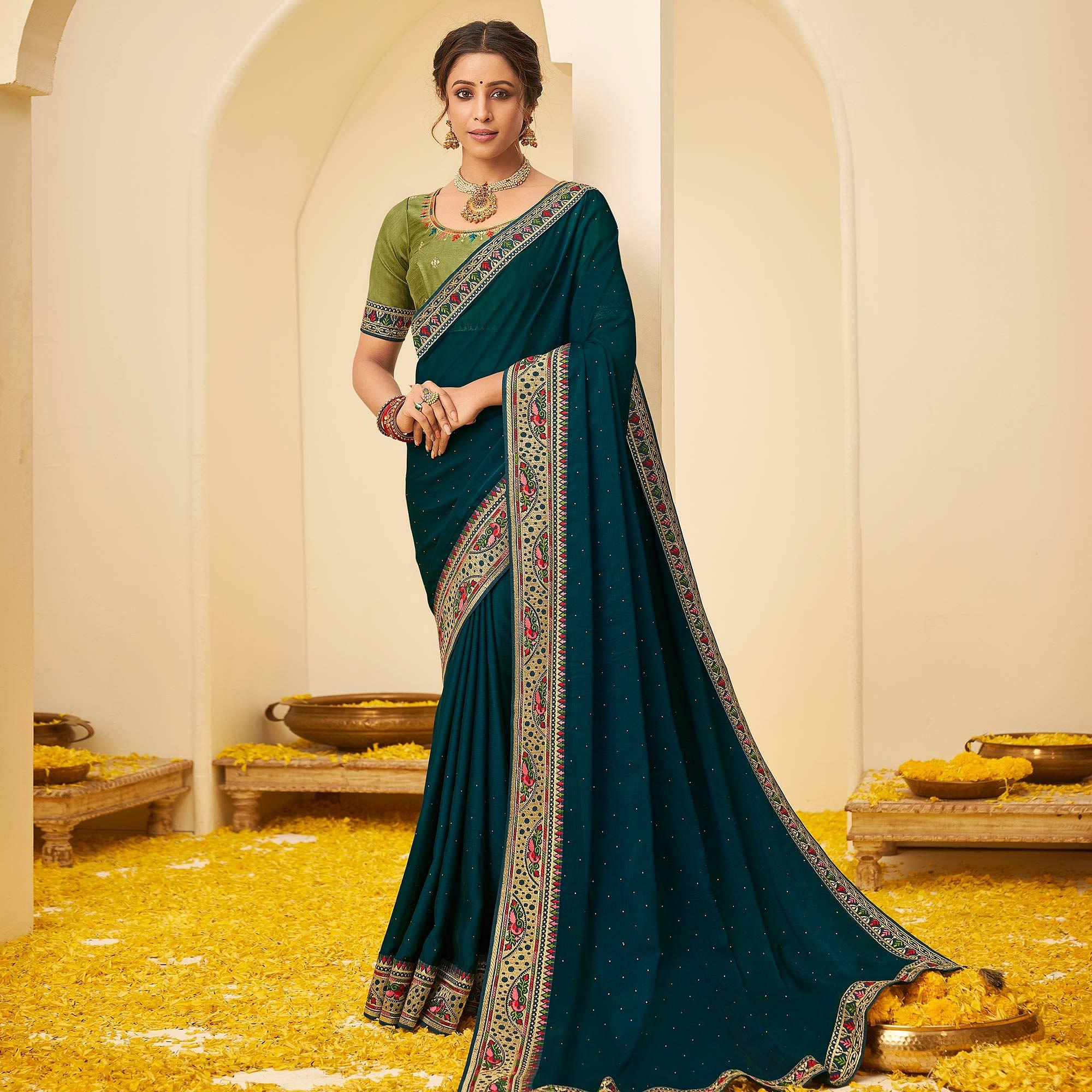 Teal Blue Festive Wear Embellished Chiffon Saree With Heavy Lace - Peachmode
