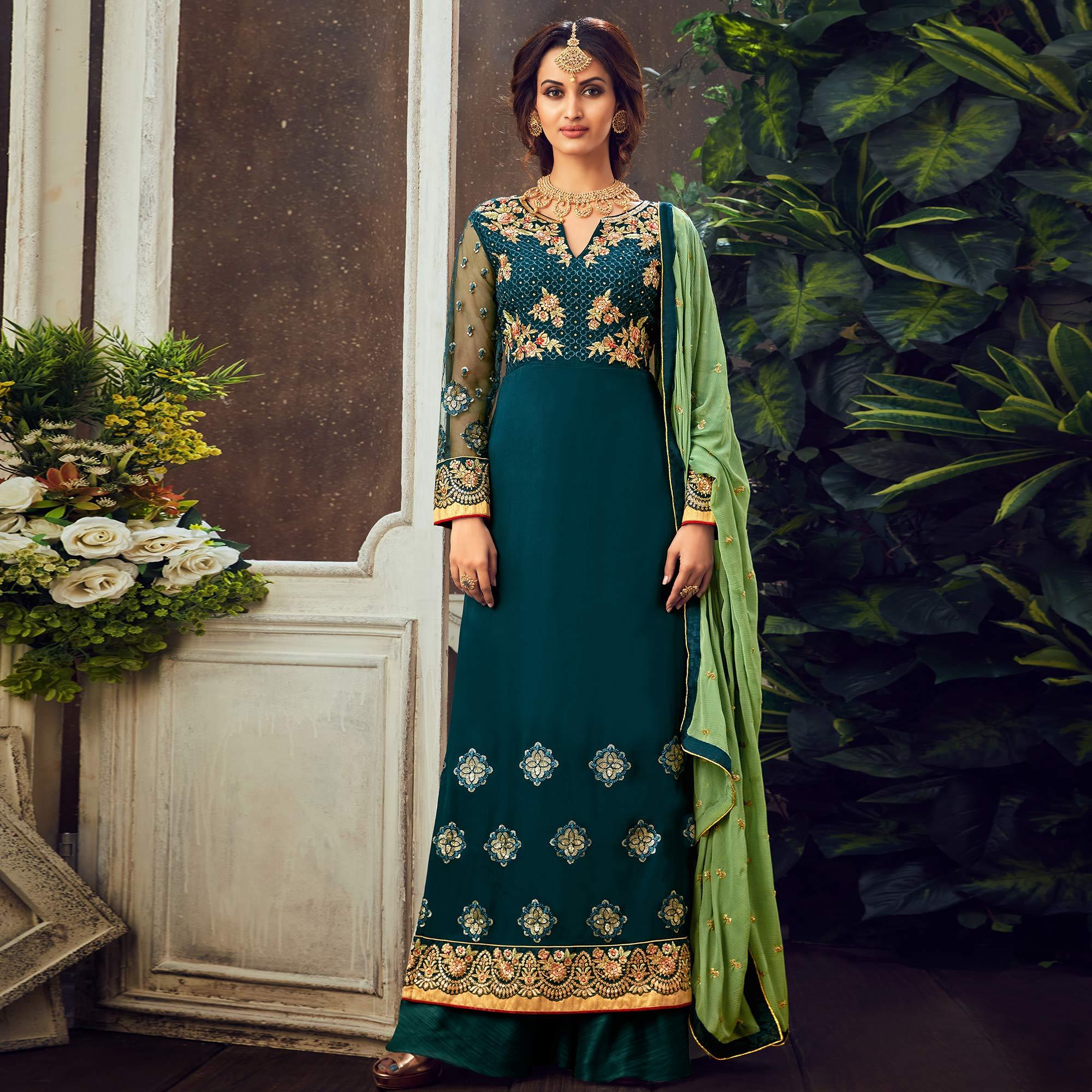 Teal Blue Festive Wear Floral Embroidered Pure Georgette Suit - Peachmode
