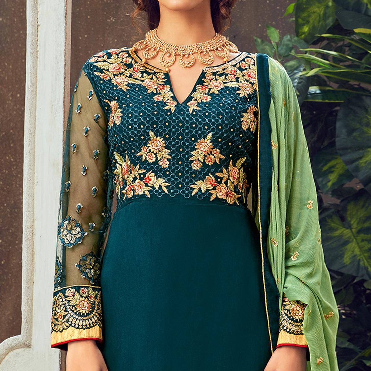 Teal Blue Festive Wear Floral Embroidered Pure Georgette Suit - Peachmode