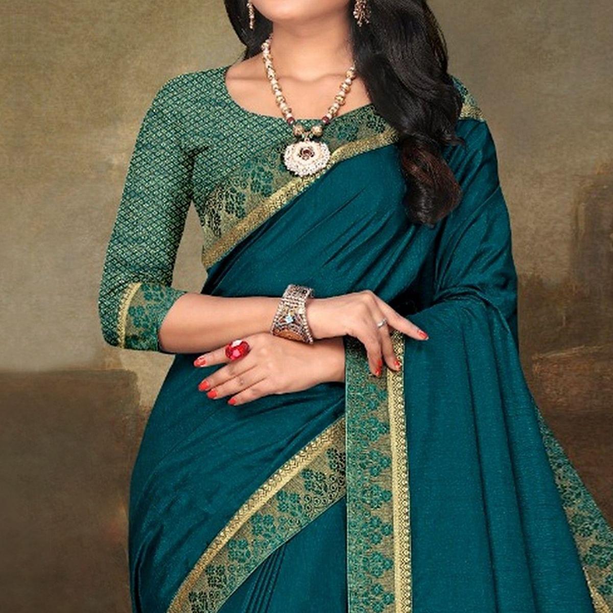 Teal Blue Festive Wear Lace Work Silk Saree - Peachmode