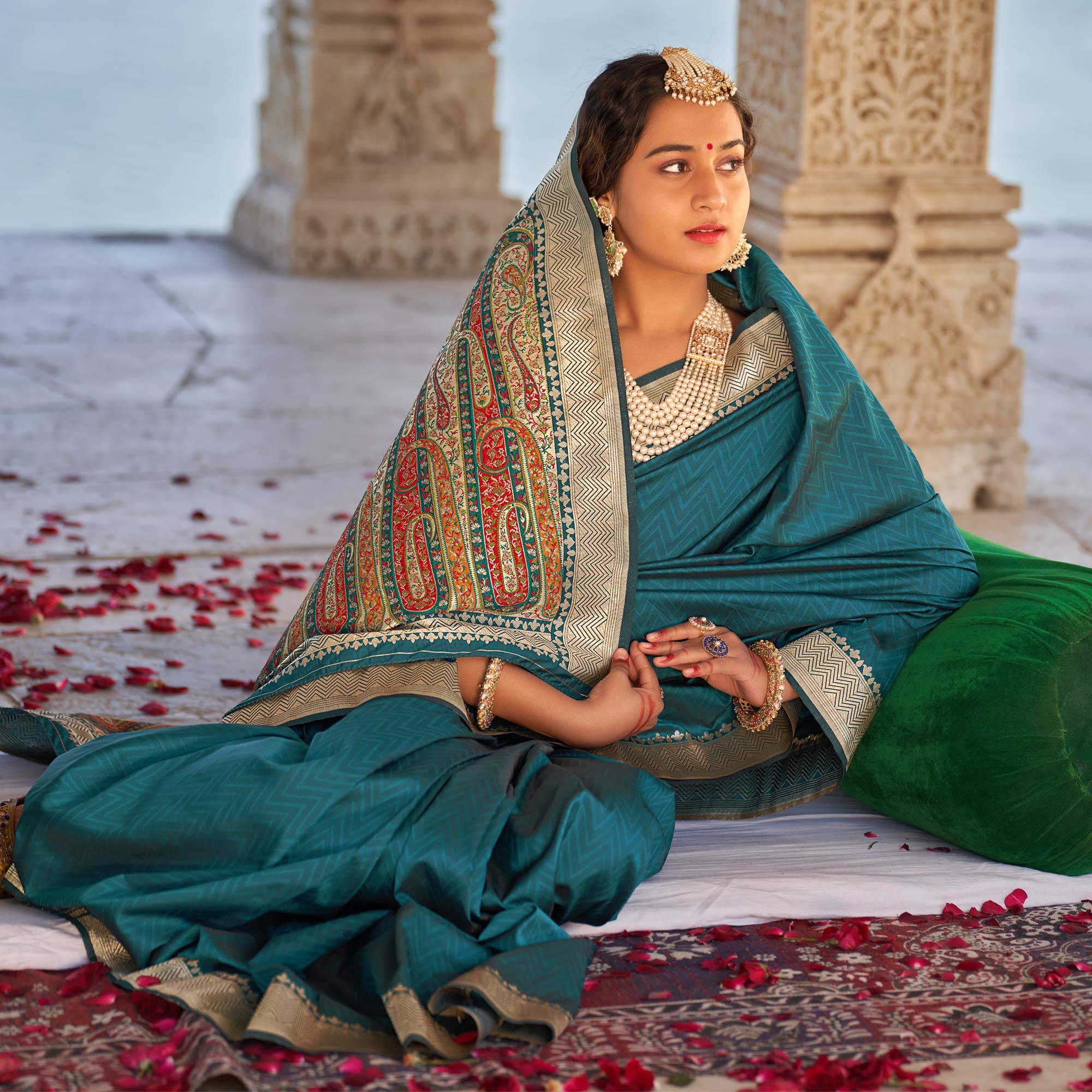 Teal Blue Festive Wear Woven Banarasi Silk Saree - Peachmode