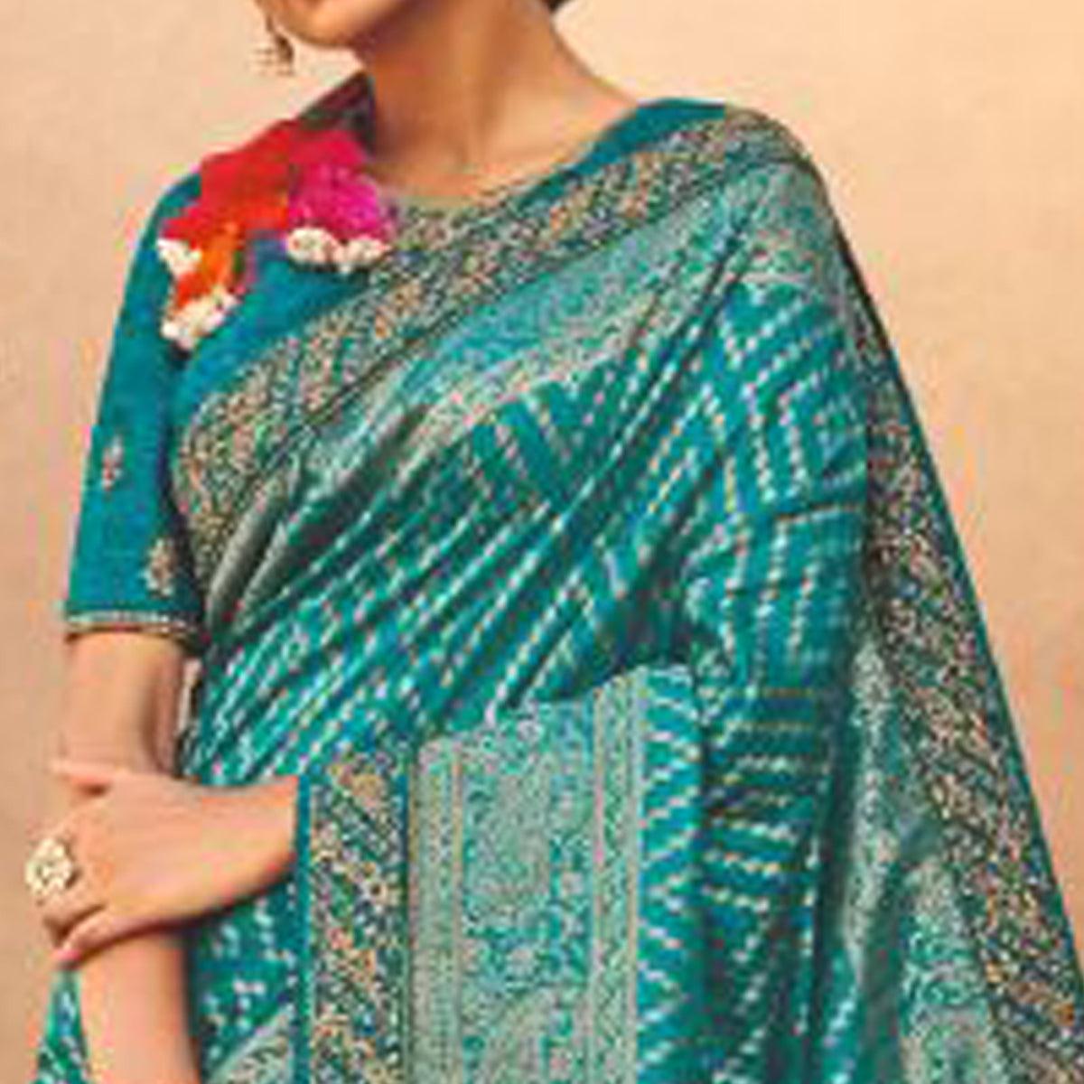 Teal Blue Festive Wear Woven Poly Silk Saree - Peachmode