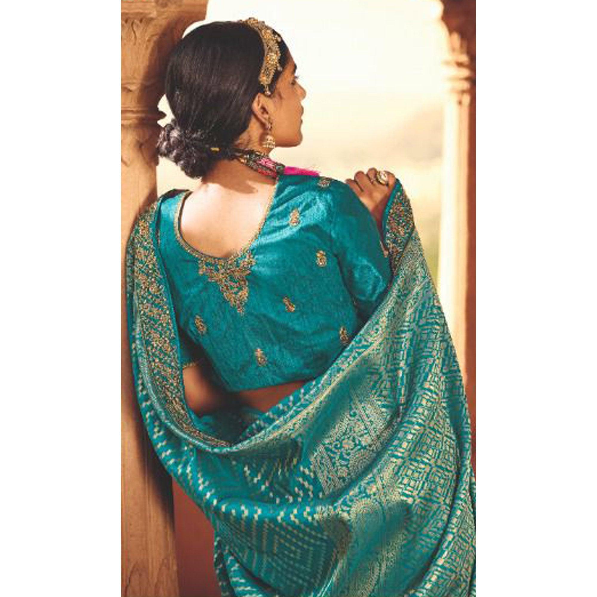 Teal Blue Festive Wear Woven Poly Silk Saree - Peachmode